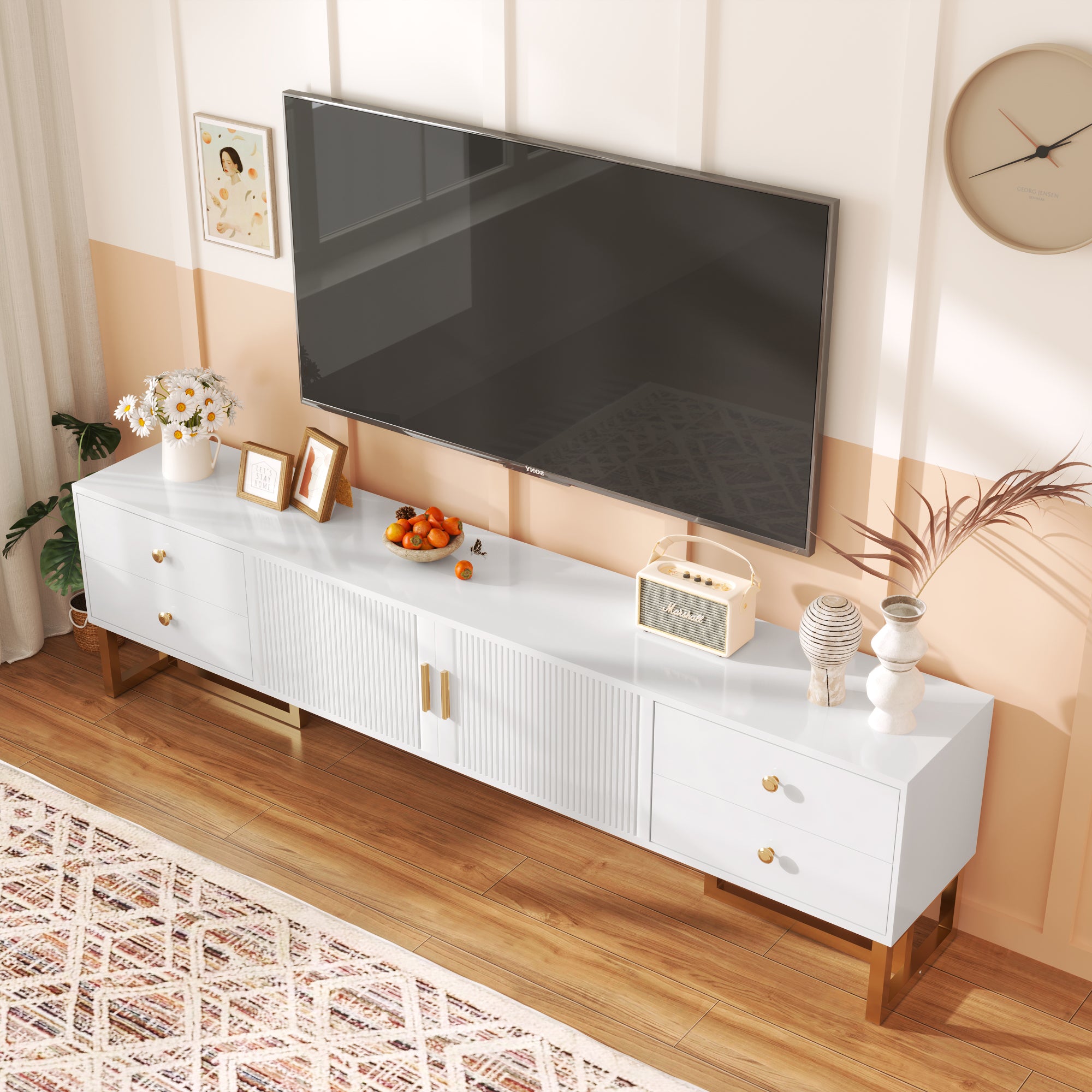 TV Cabinet, Low Panel with Textured Door & Drawers, Gold Handles & Feet