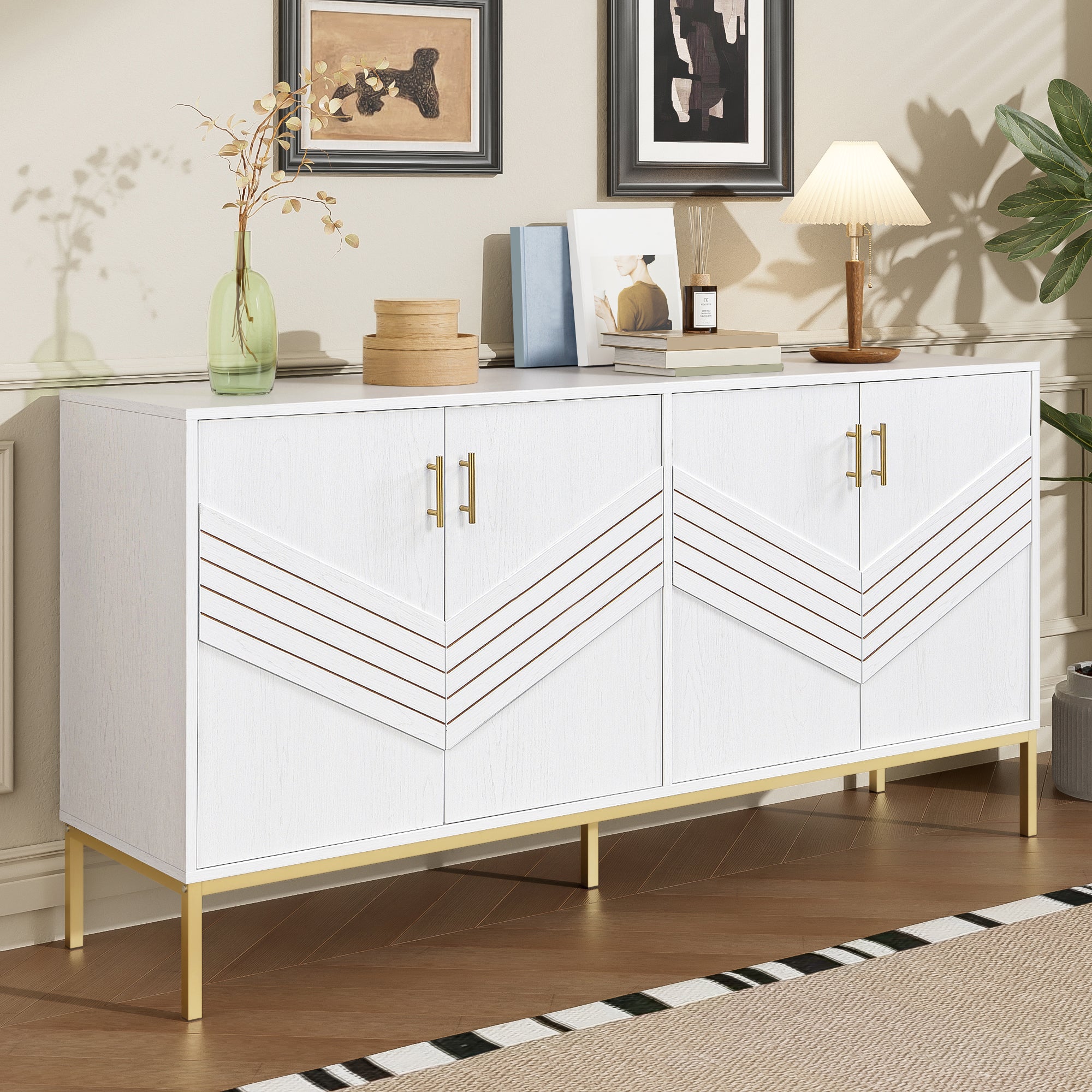 Sideboard, 4 Doors, Large Capacity, Height-Adjustable, White & Gold MDF
