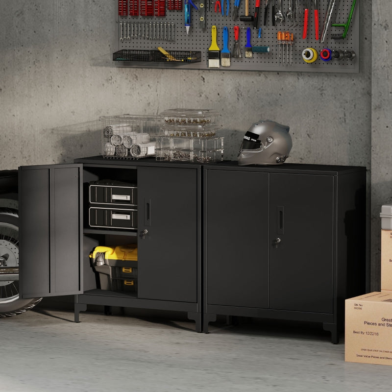 Metal Office Cabinet, Lockable 2-Tier Design, Black