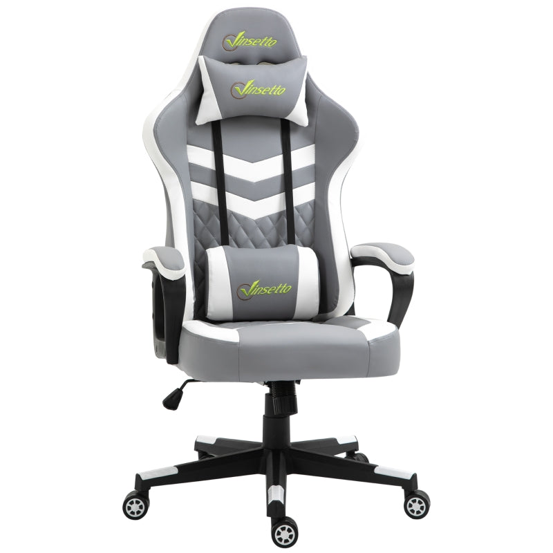 Gaming Chair with Lumbar Support, Headrest, Swivel Wheels, Faux Leather Grey White