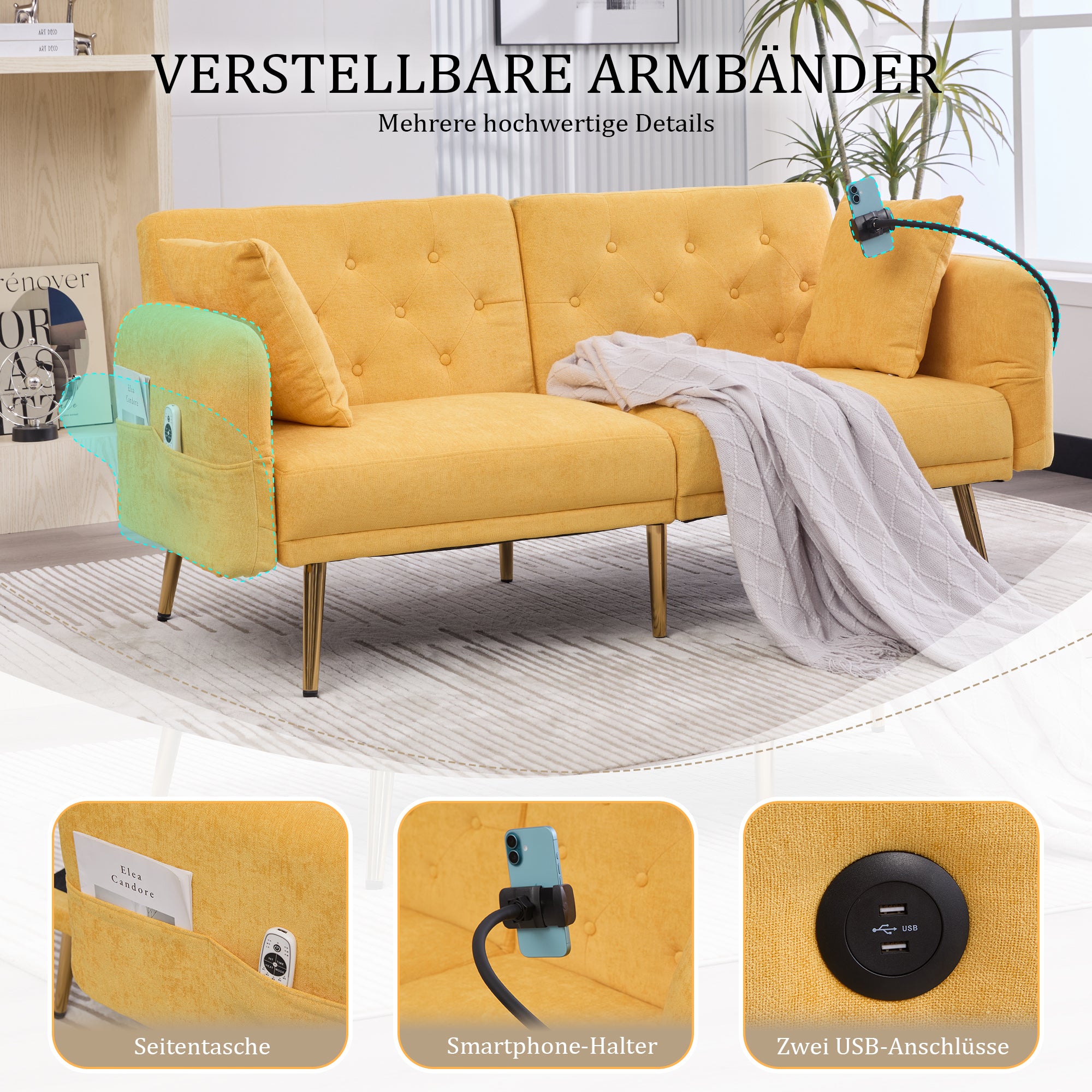 Sofa Bed, Multifunctional Folding with Adjustable Backrest, USB Ports, Side Pocket, Metal Legs