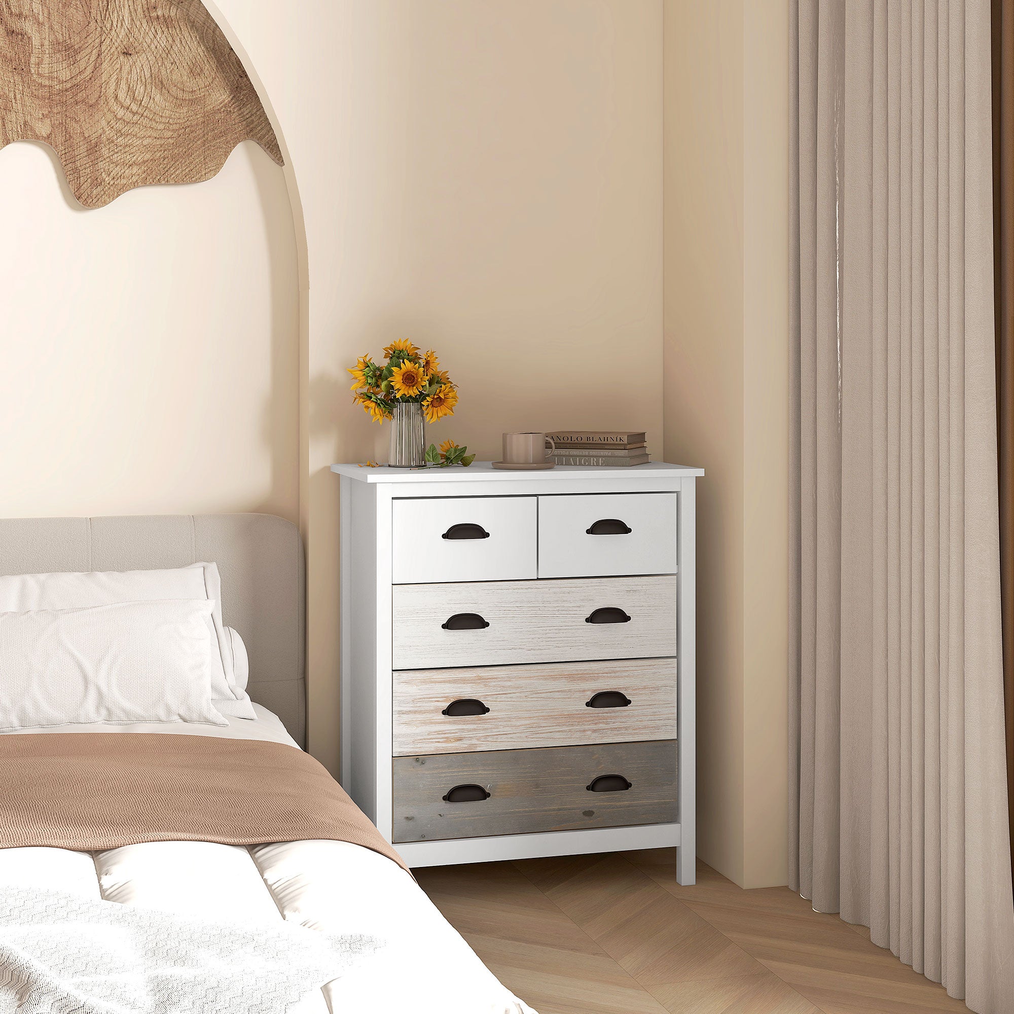 Chest of Drawers Storage Cabinet 5 Drawers Anti-Tip Device 70x38x85cm, White