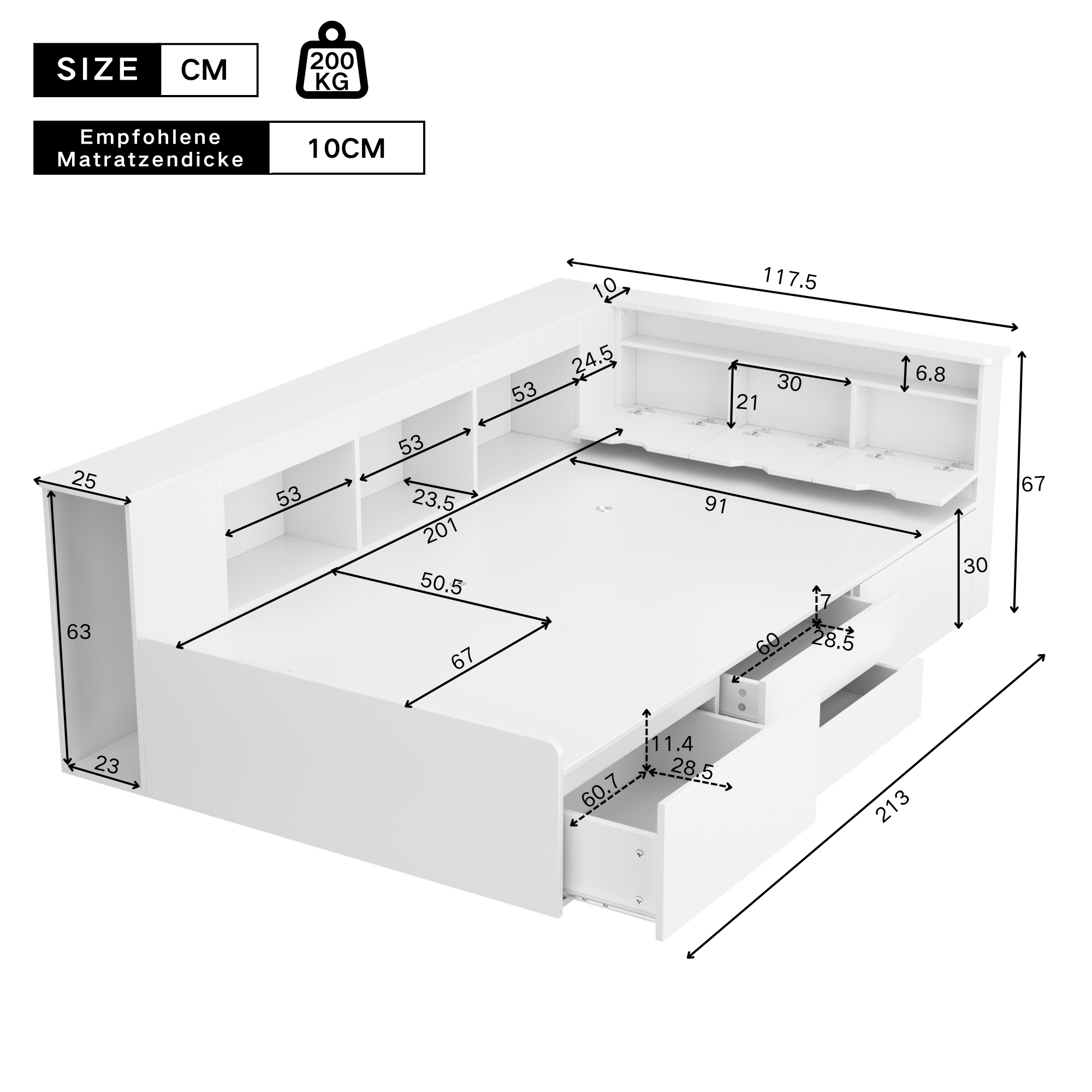 Children's Bed - Multifunctional Single Bed with Storage & Bookshelf - White