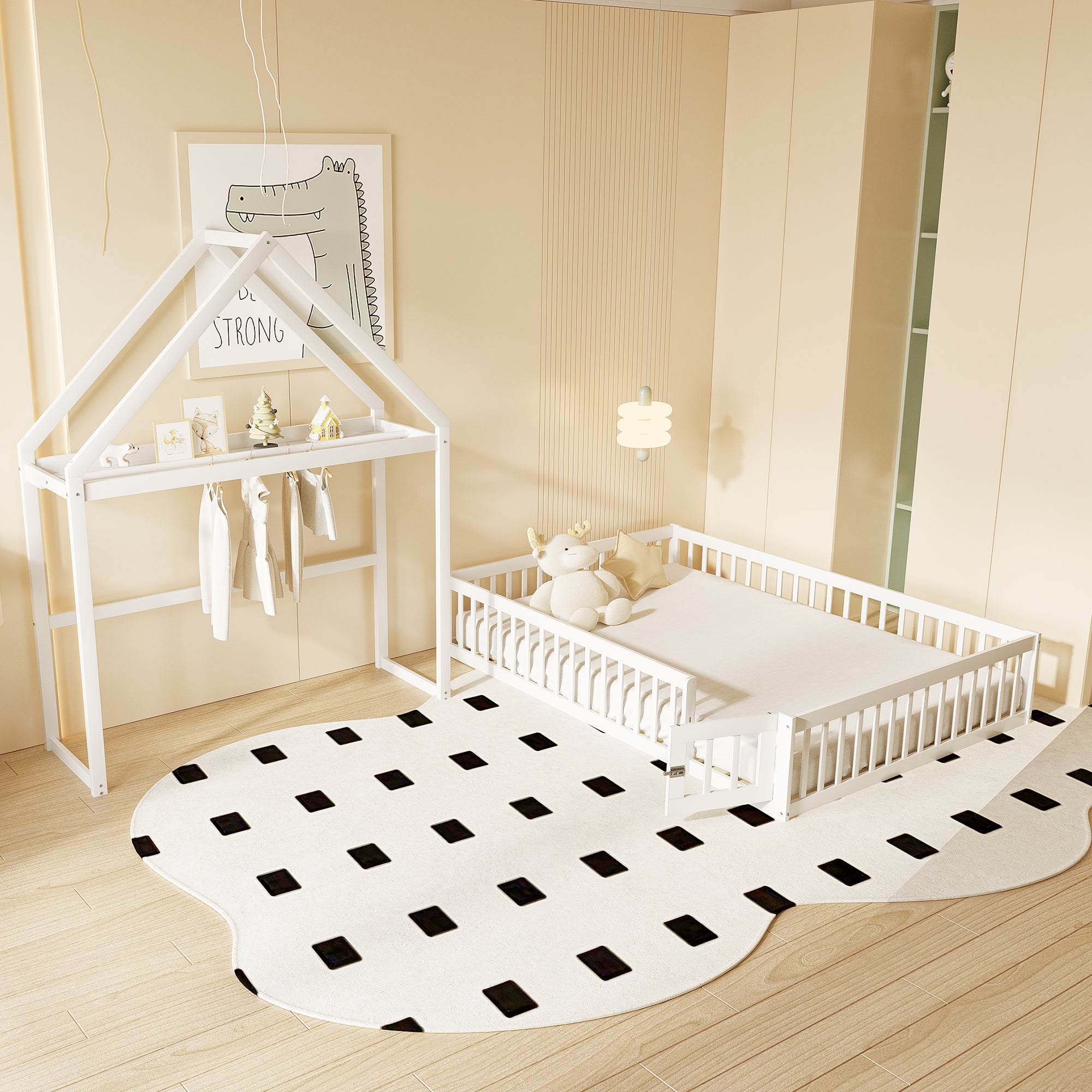 Children's Bed 140x200, Solid Wood Frame with Storage & Safety Gate, White