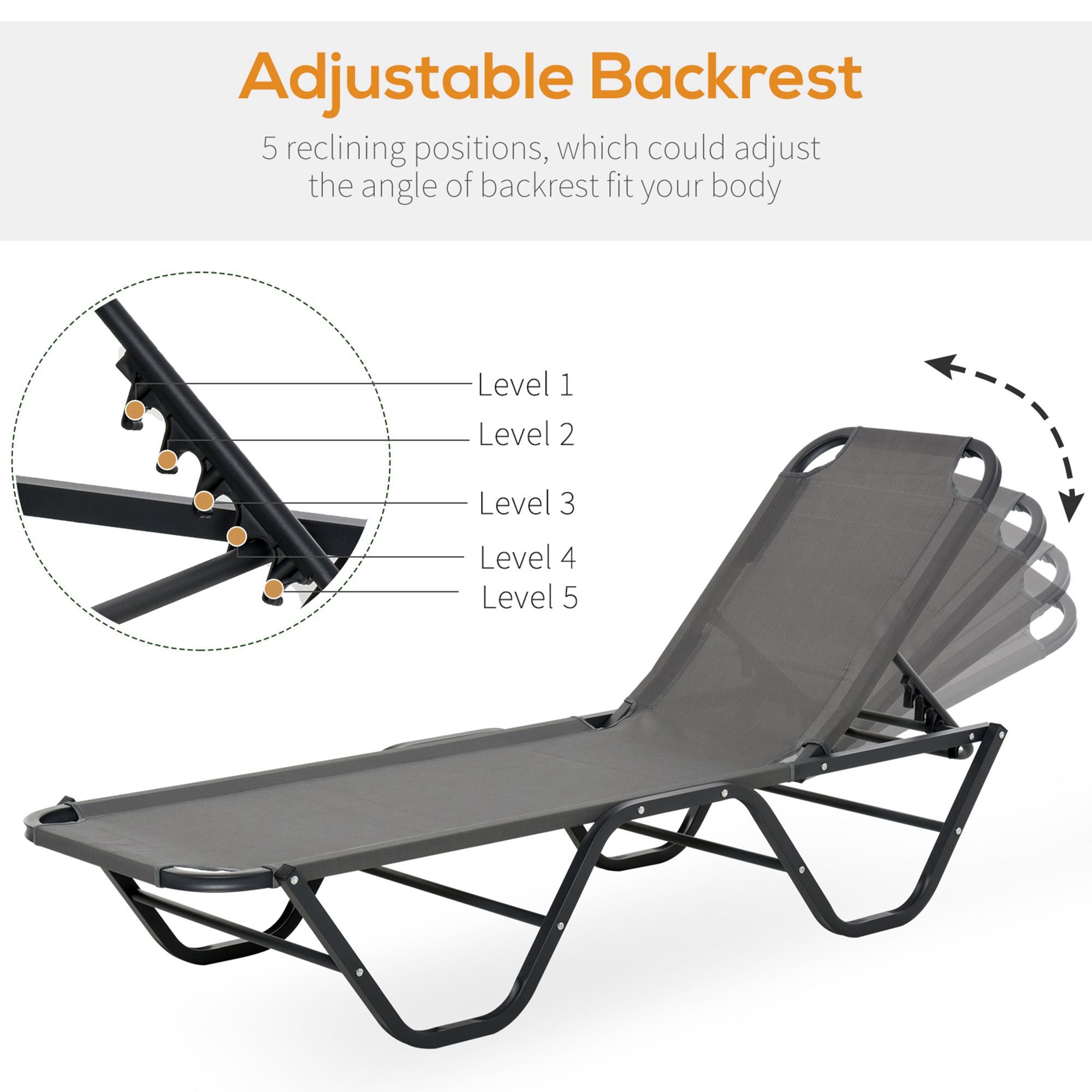 Sun Lounger Relaxed Recliner 5-Position Adjustable Backrest Aluminium Frame, Grey
