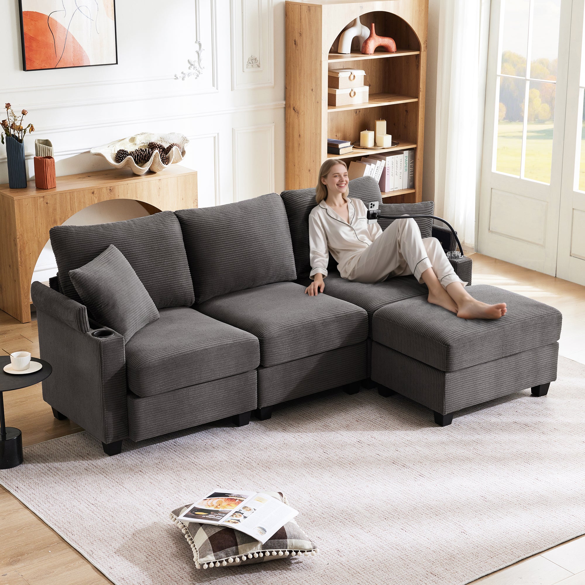 L-shaped Corner Sofa, Convertible 3-Seater with Footstool, Cup Holder, USB Charger, Armrest Storage, Dark Gray