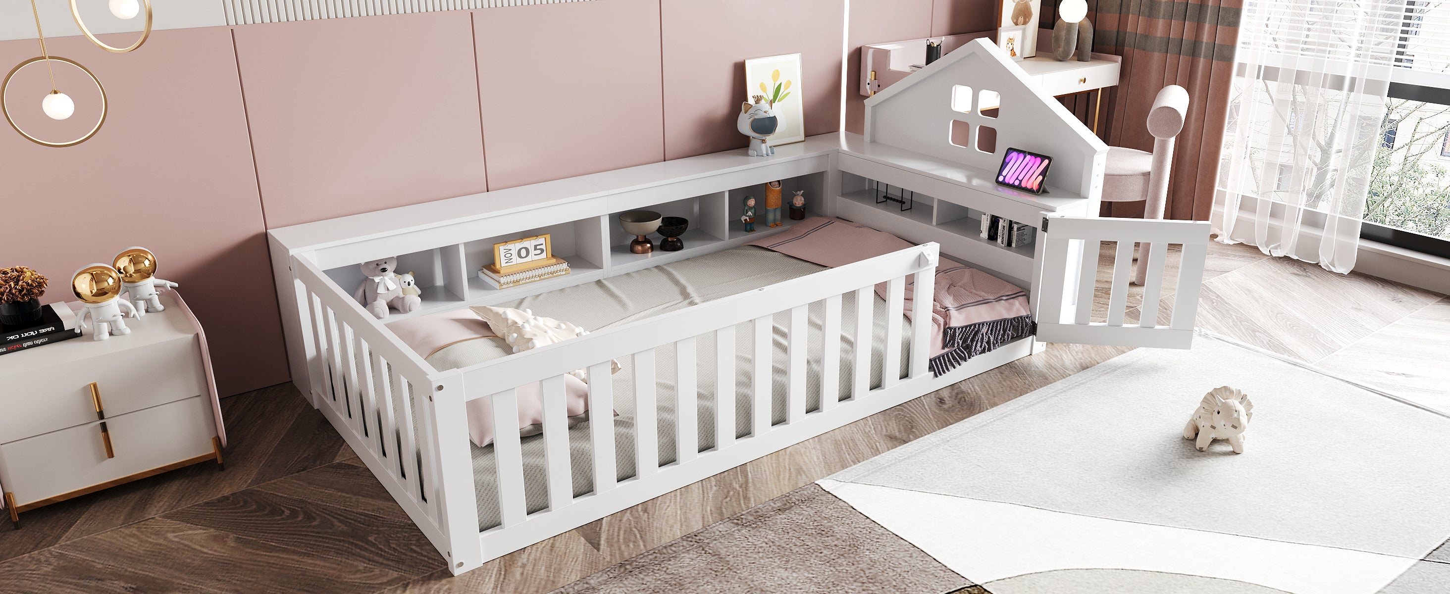Children's Bed 90x200cm, Roof & Window, Storage, Safety Gate & Door, Solid Wood, White