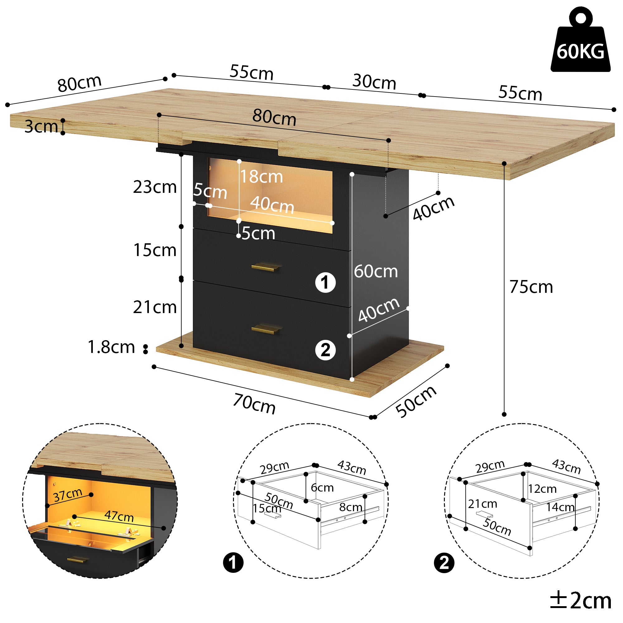 Extendable Dining Table 110-140cm LED Lighting Wooden Finish