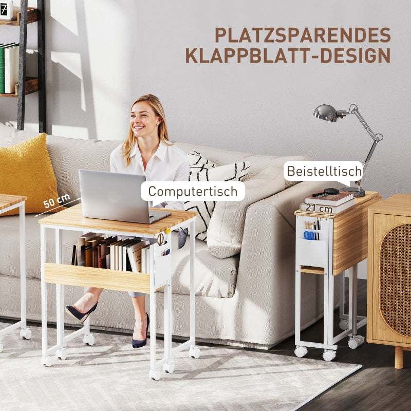 Folding Desk small 63 cm with wheels, shelf, storage bag, natural