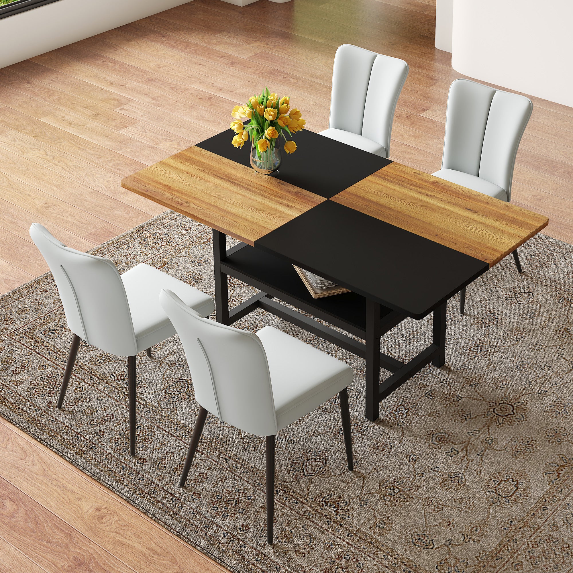 160 cm Dining Table Set with Storage & 4 Modern Chairs, Light Grey PU Leather/Black Metal