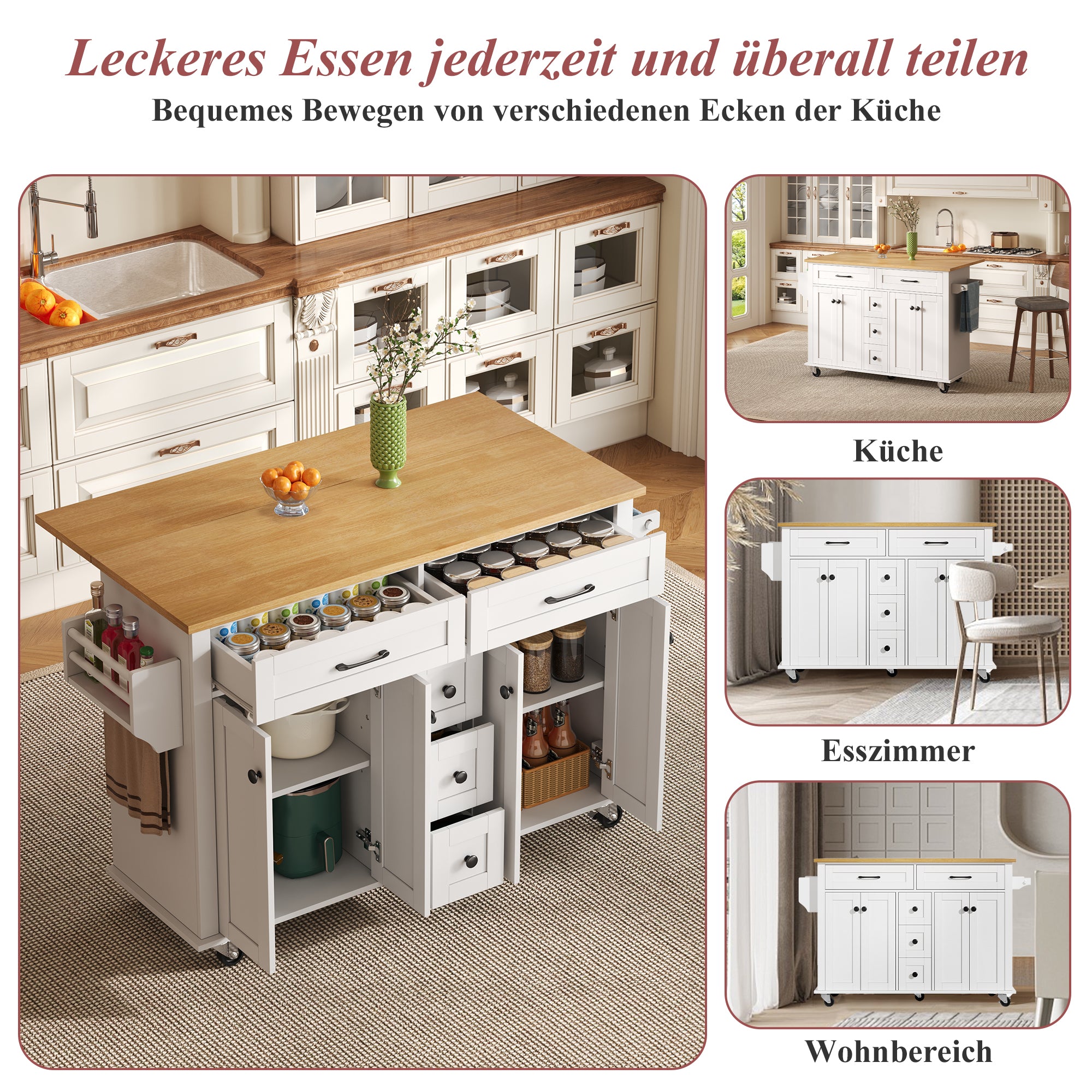Multifunctional Kitchen Island Extendable Worktop 5 Drawers Storage Racks on Wheels