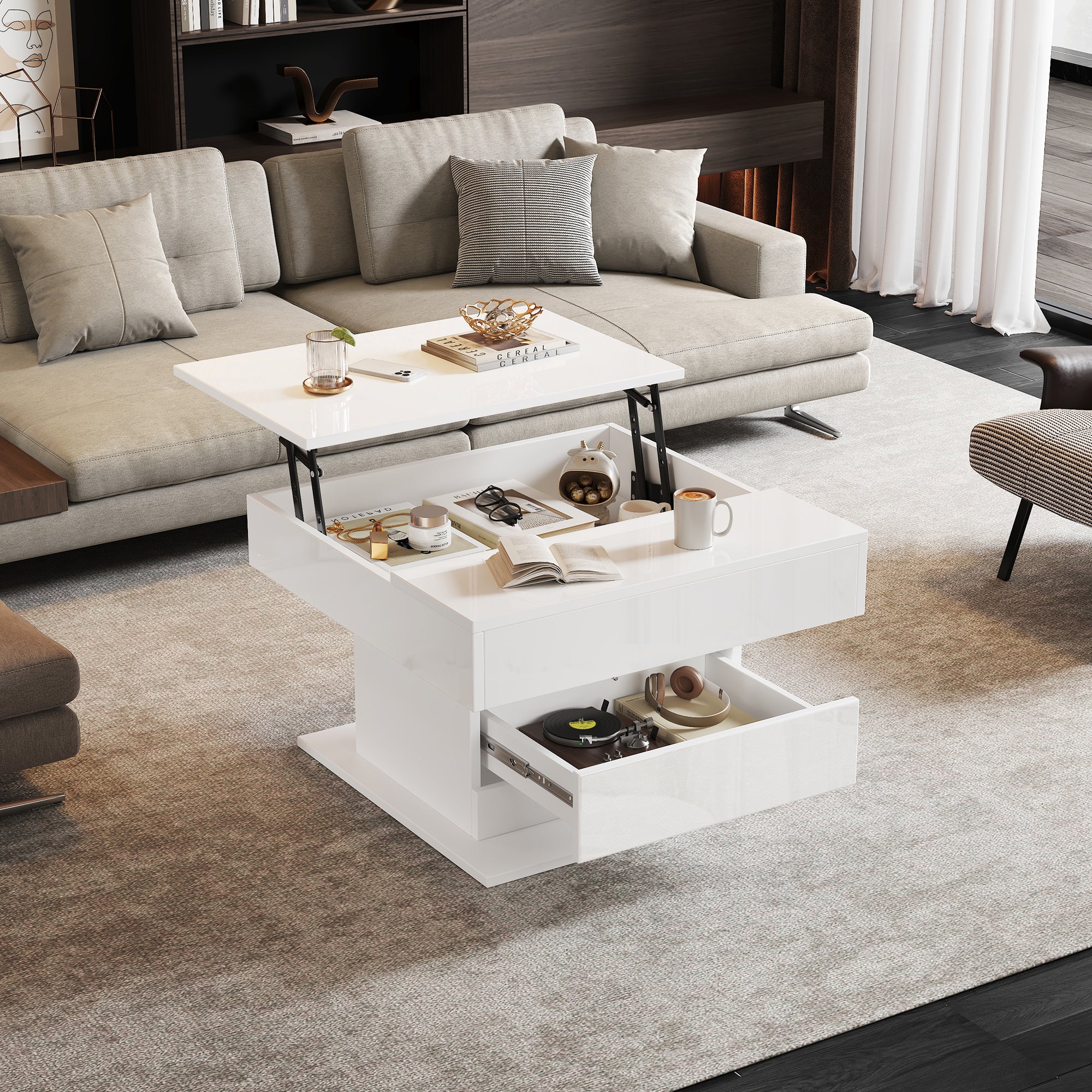Coffee Table Geometric Lift-Up 360° Swivel Top 1 Drawer Hidden Storage - High-Gloss White