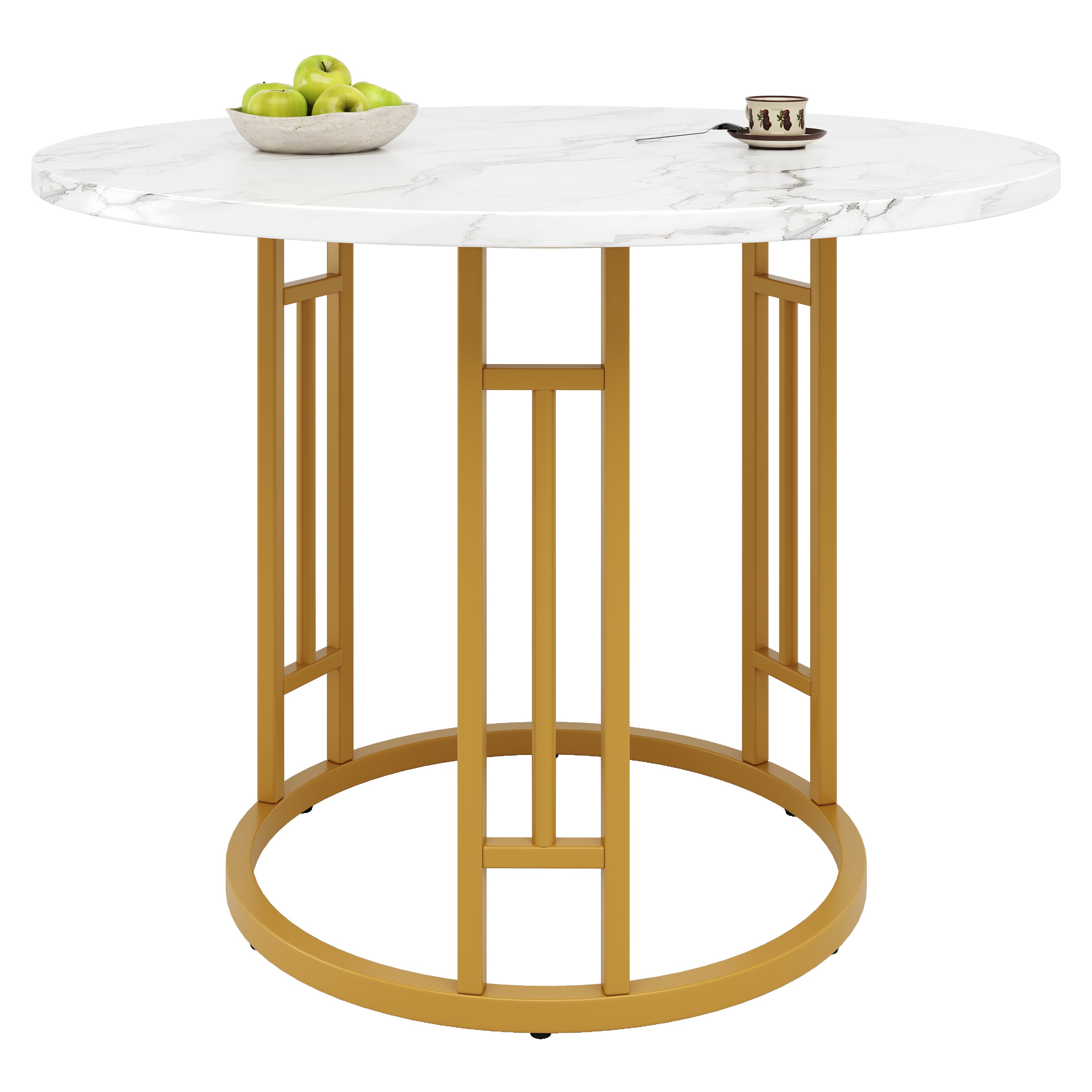 Round Dining Table 80cm, 4-Person, Metal Legs, MDF Marble, Gold