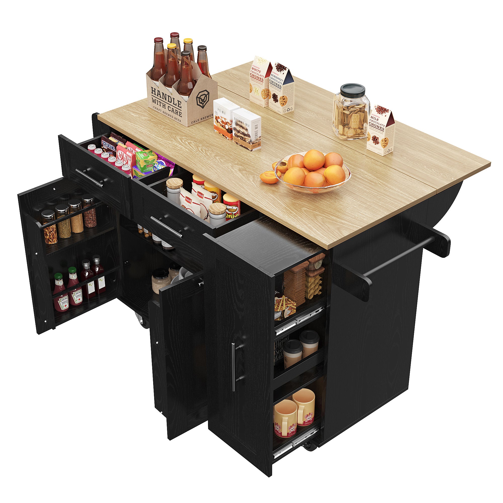 Mobile Kitchen Island Dining Table Extendable Storage - Wood Grain Black