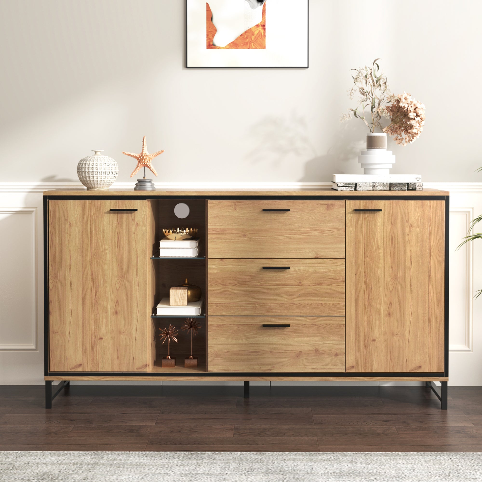 Sideboard with Three Drawers, Storage Compartments, Black and Wood Color