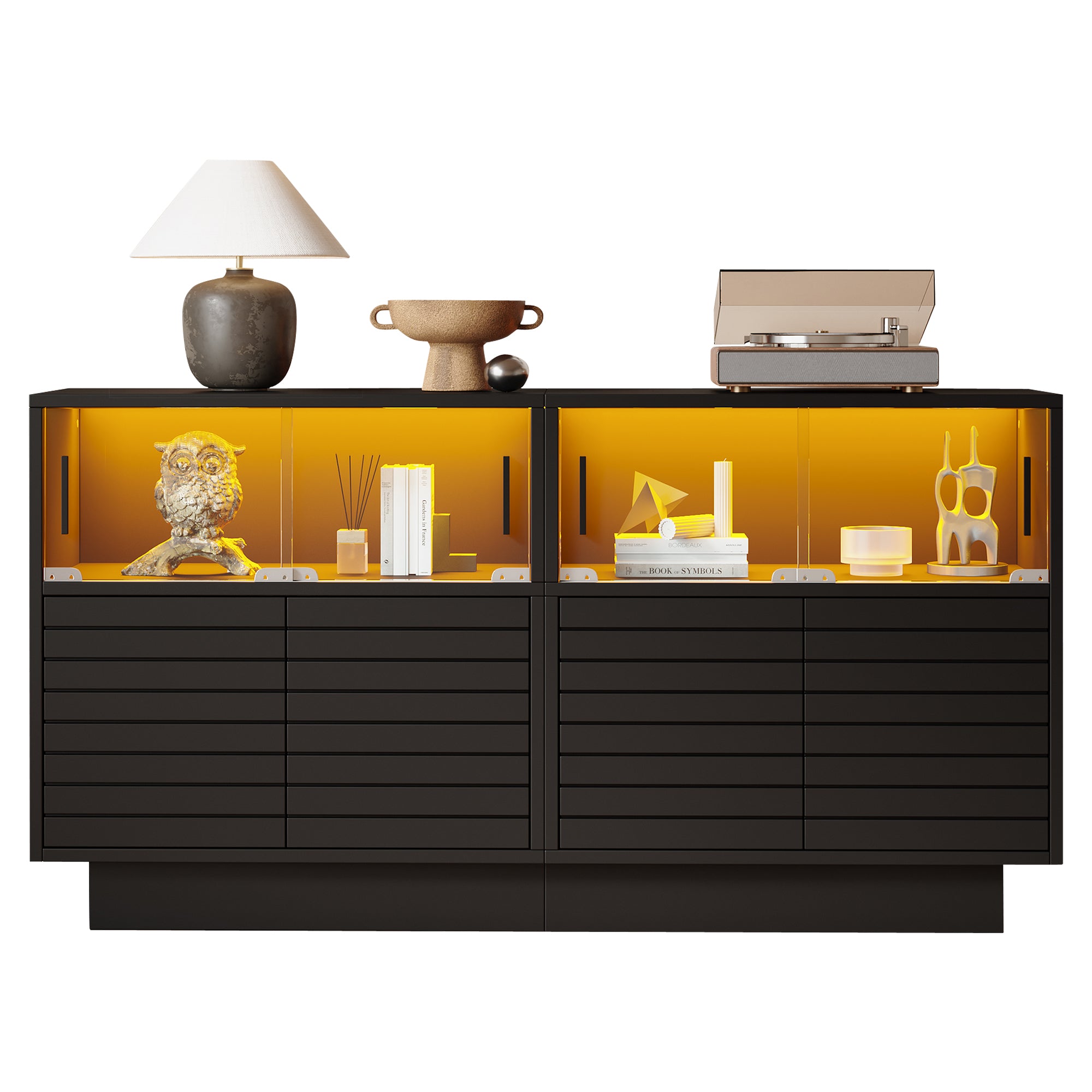 Sideboard, 130cm Glass Door Cabinet with LED Light, Modern Highboard