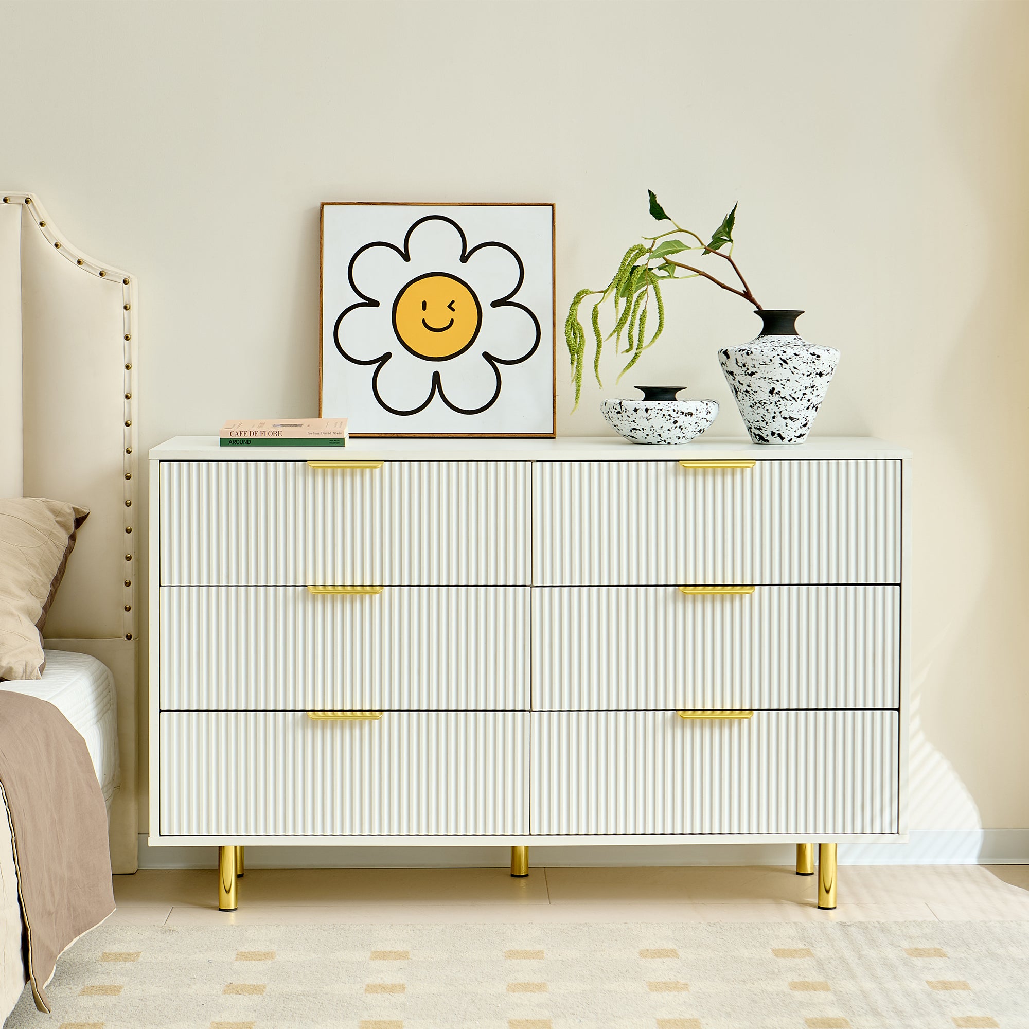 Chest of Drawers Sideboard with 6 Drawers and Modern Design, White and Gold
