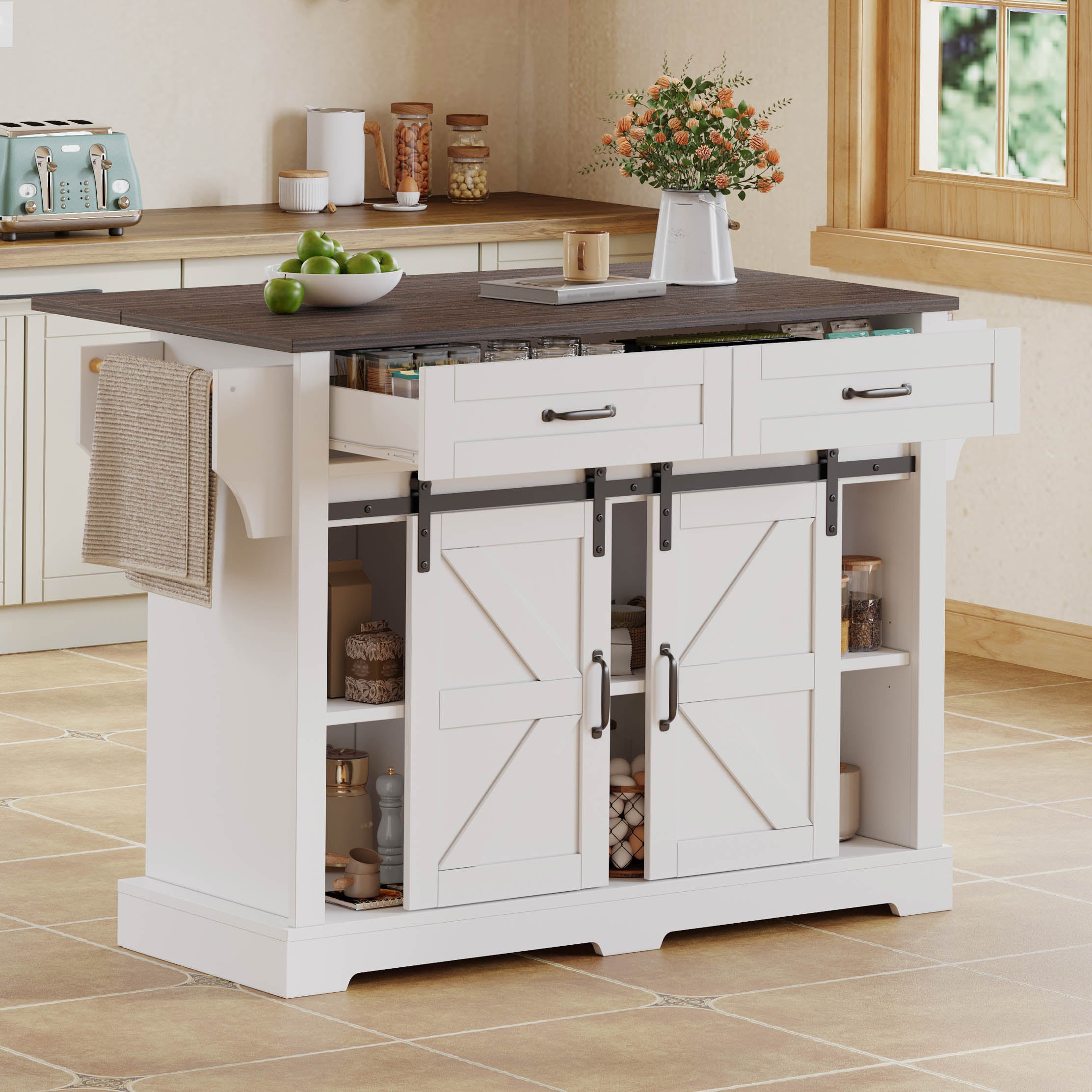 Kitchen Island with Fold-Down Worktop and Sliding Doors, Barn Style, White
