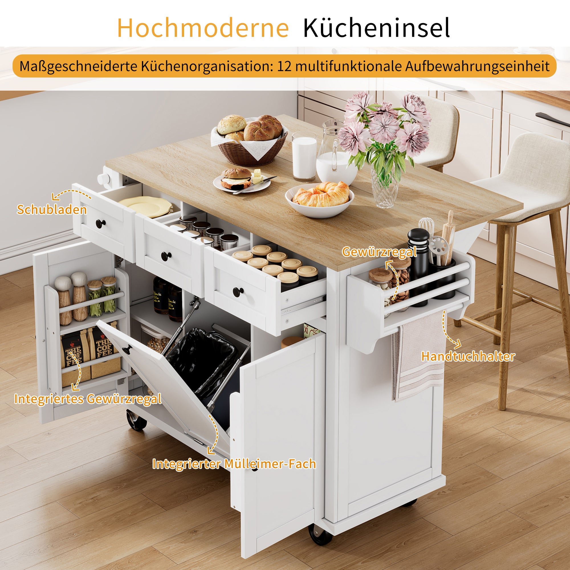 Mobile Kitchen Island Extendable Dining Area with Waste Bin & Drawers, White
