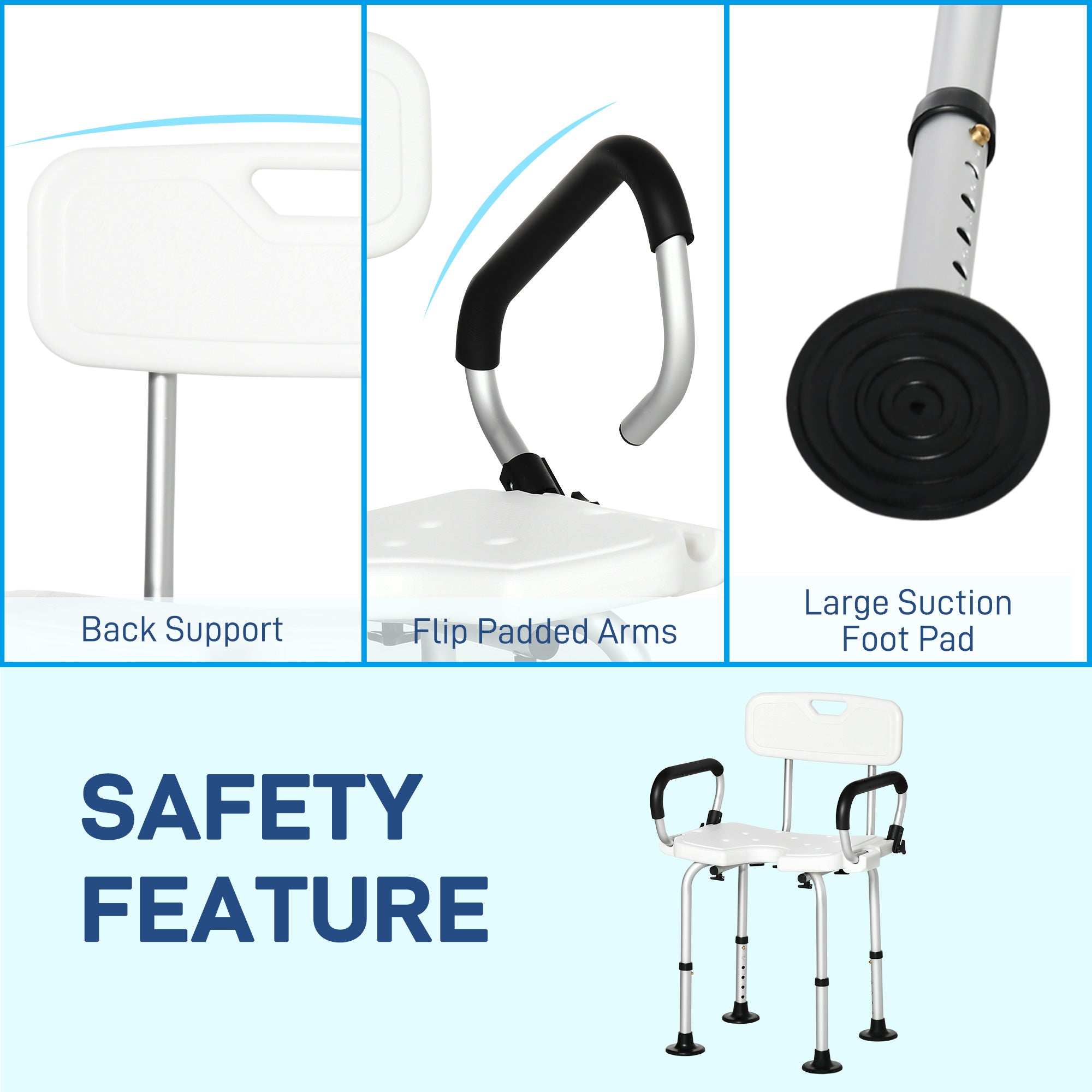 Shower Chair, Height Adjustable with Back and Flipped Padded Arms, White