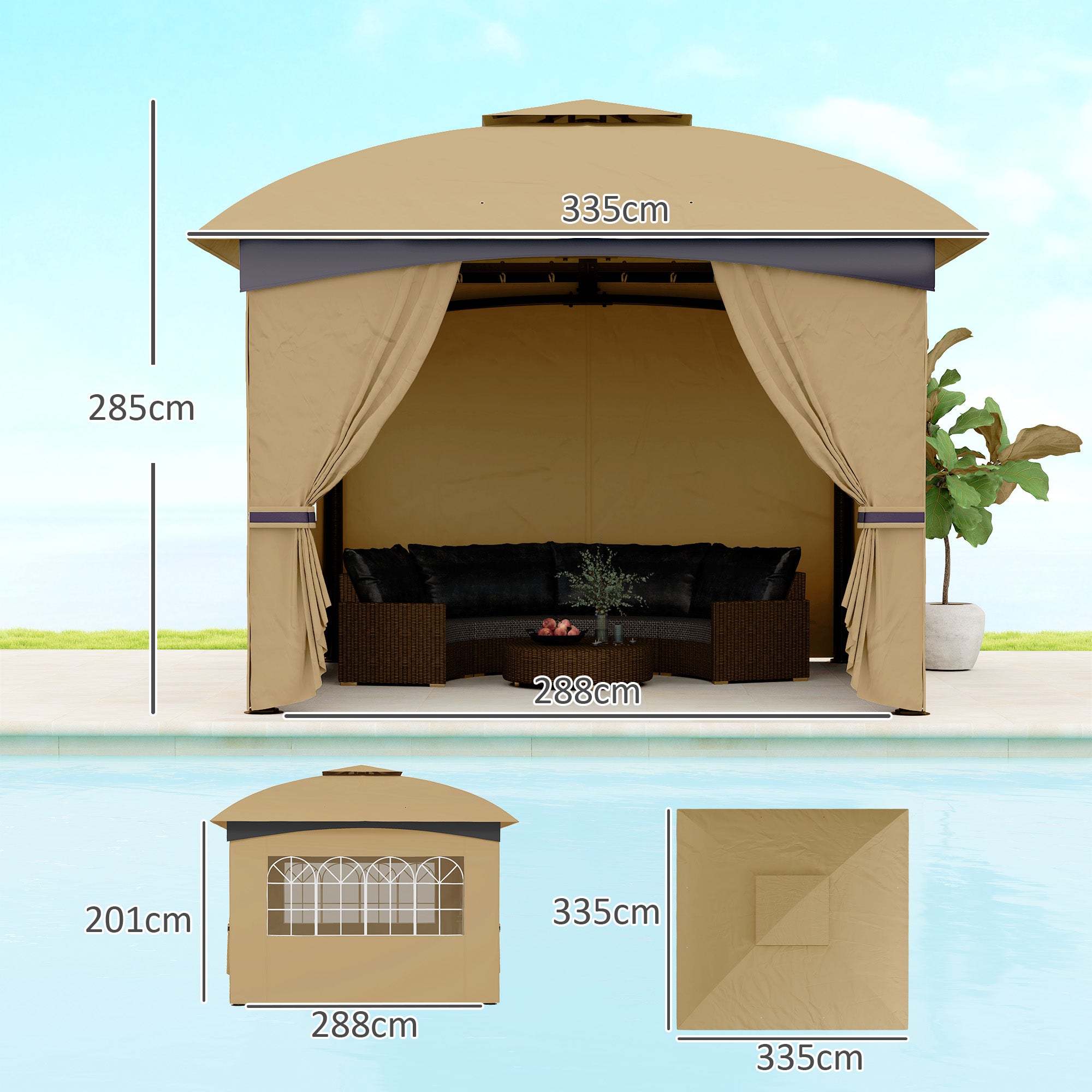Gazebo 3.4x3.4m Water-Repellent UV Protection, Beige Metal