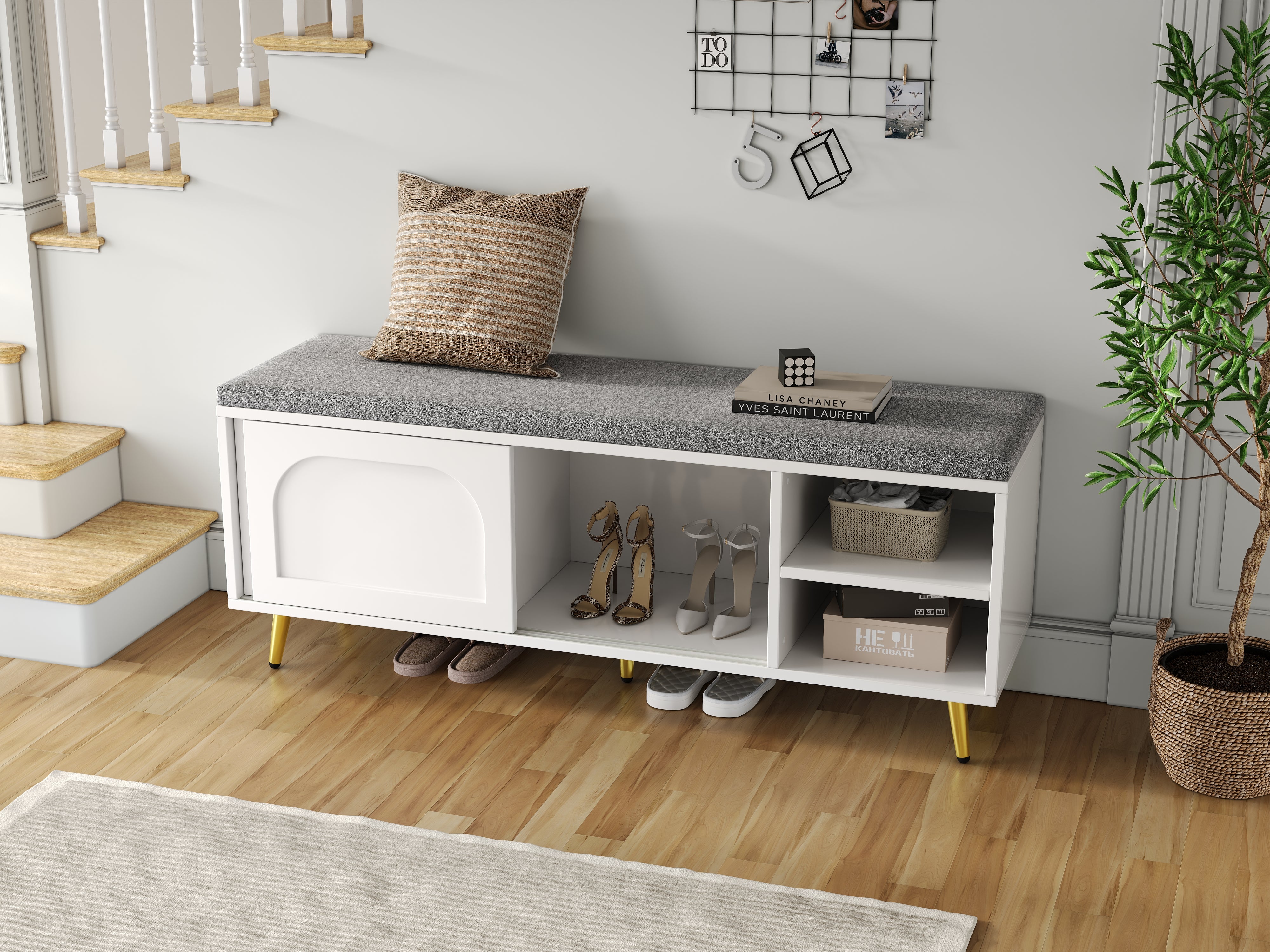 Shoe Bench Storage with Seat Cushion - White