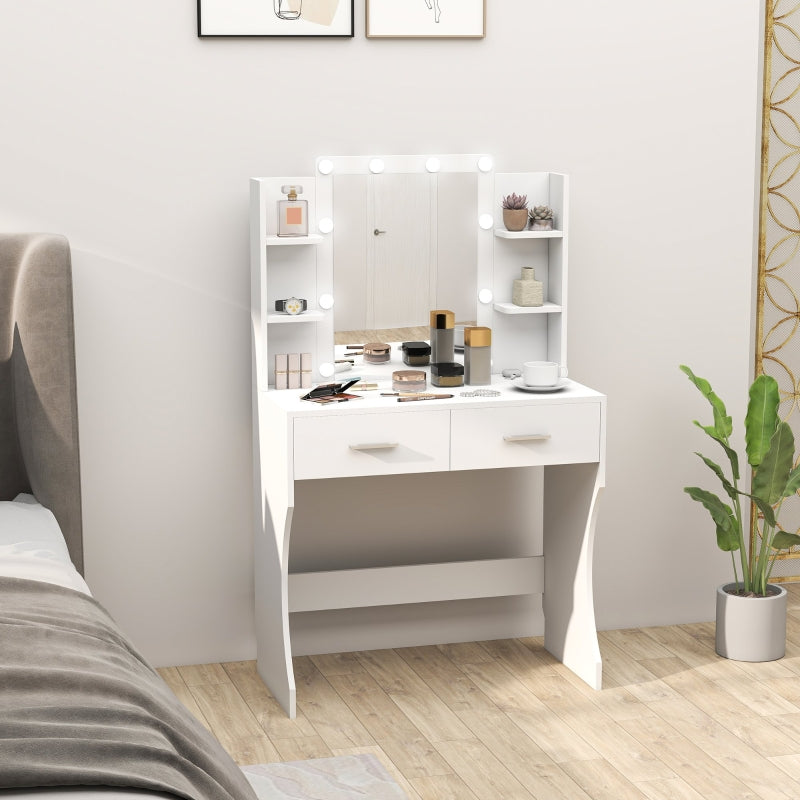 Dressing table with mirror, dimmable LED lights, drawers, shelves, white