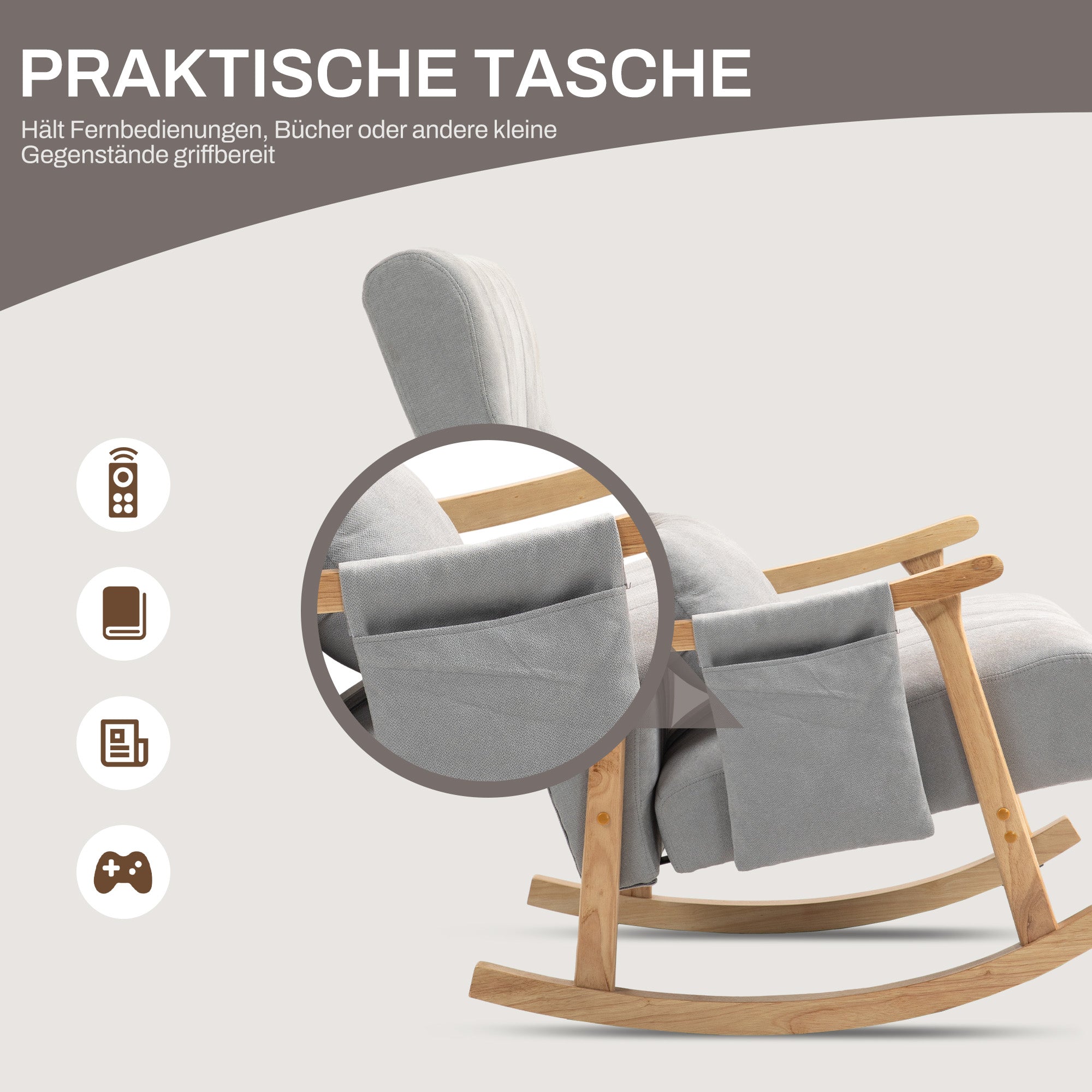 Rocking Chair Upholstered with Lumbar Cushion Side Pocket Wooden Frame, Linen Look Grey