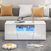 Coffee Table, Sofa Table with LED Light, 2 Cabinets, 1 Drawer, Irregular Design, White