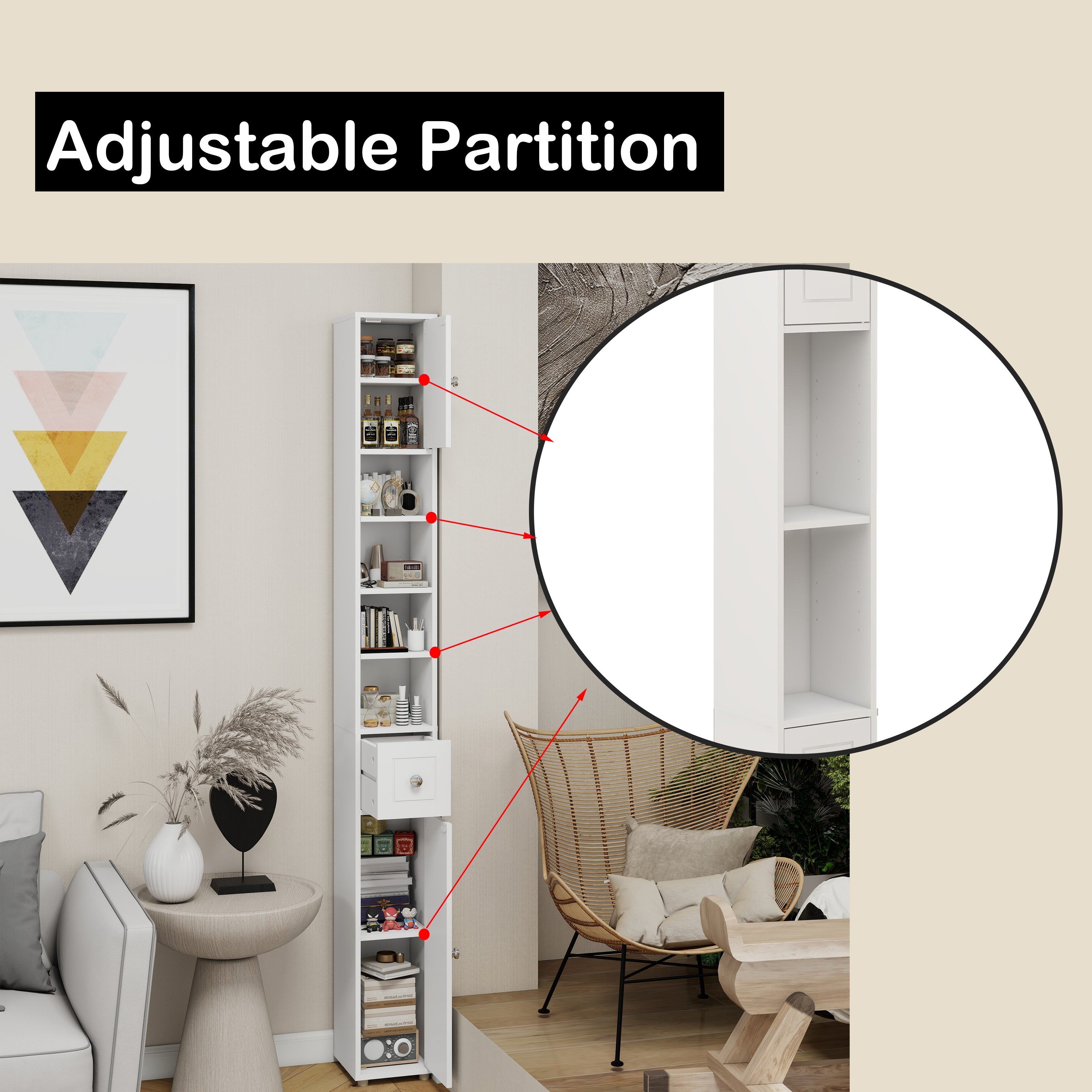 Tall Slim Bathroom Storage Cabinet, 71" Freestanding with 1 Drawer, 2 Doors, 4 Shelves-White