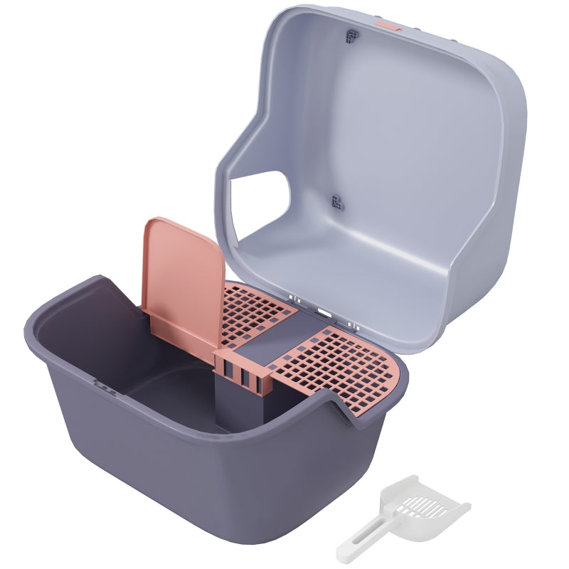 Cat Litter Box with Lid, Scoop, Easy Clean, Lockable, Purple