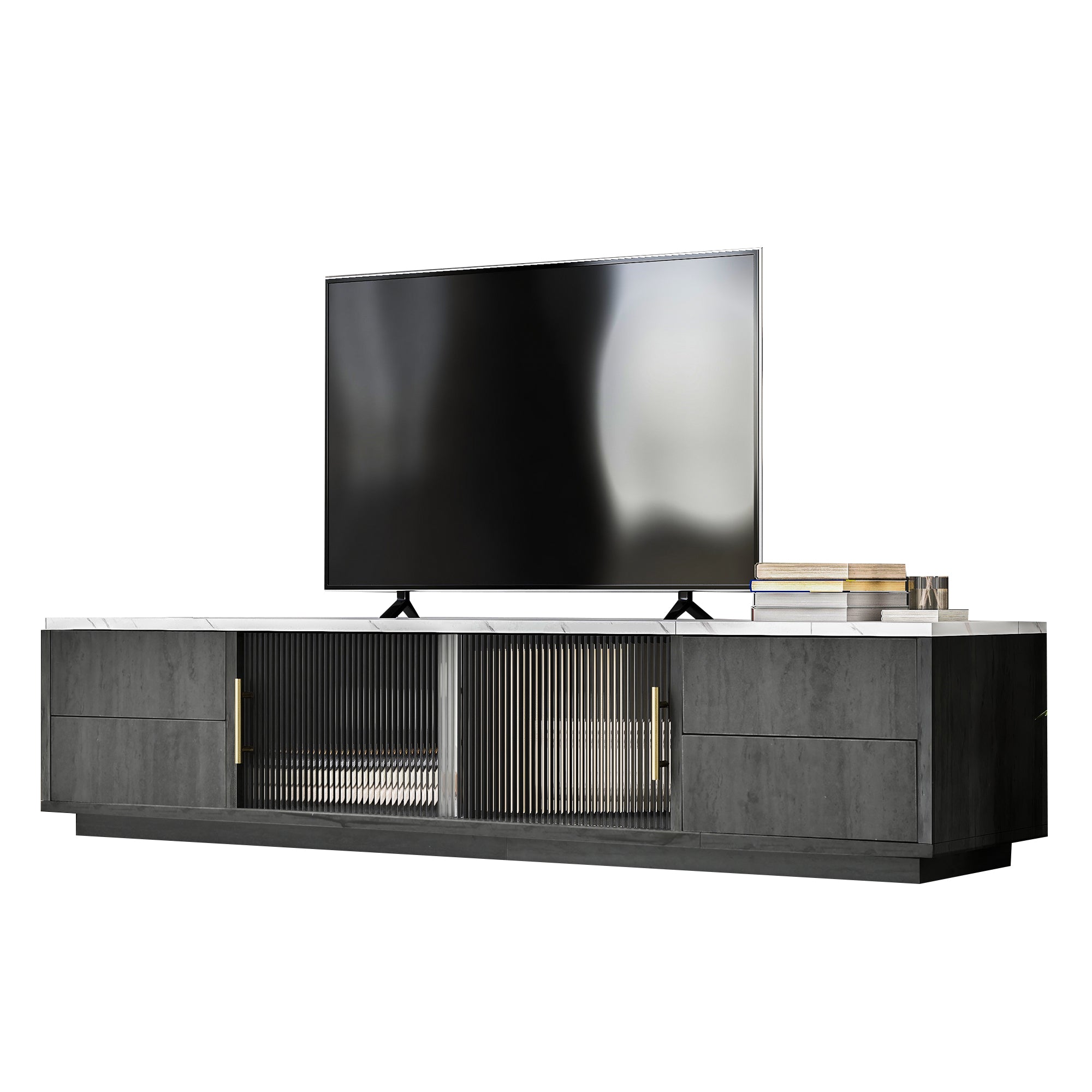 160cm Deluxe TV Stand for 70" TV, Cable Management, Push-to-Open Drawers, Grey Marbled