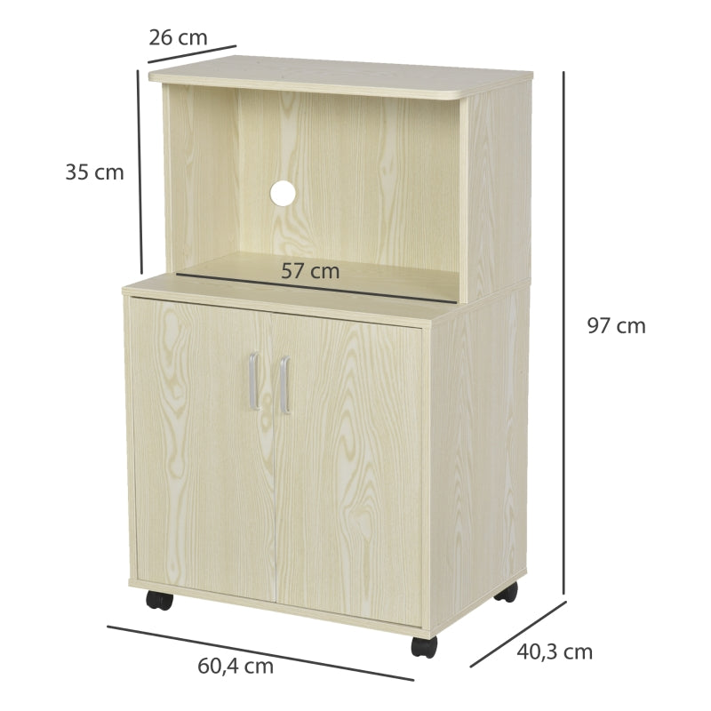 Kitchen Storage Unit, Microwave Stand Trolley Cabinet with Locking Wheels, Oak Tone