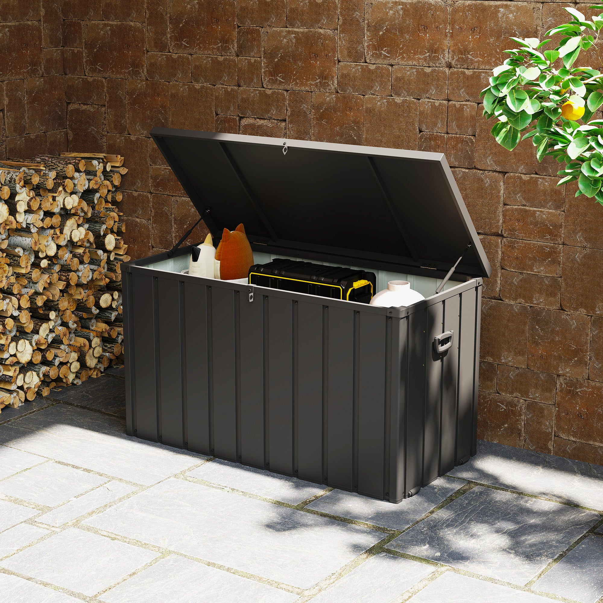 Garden Storage Box with Wheels, 450L Galvanised Steel - Dark Grey