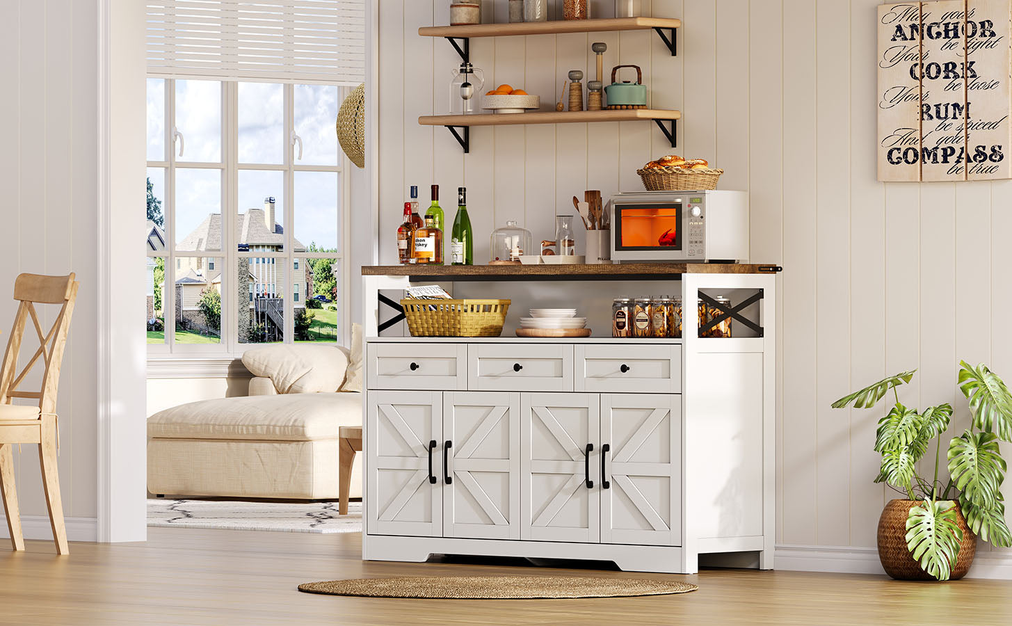 Buffet Sideboard 140cm 3 Drawers Shelves Storage Country Style - White/Brown