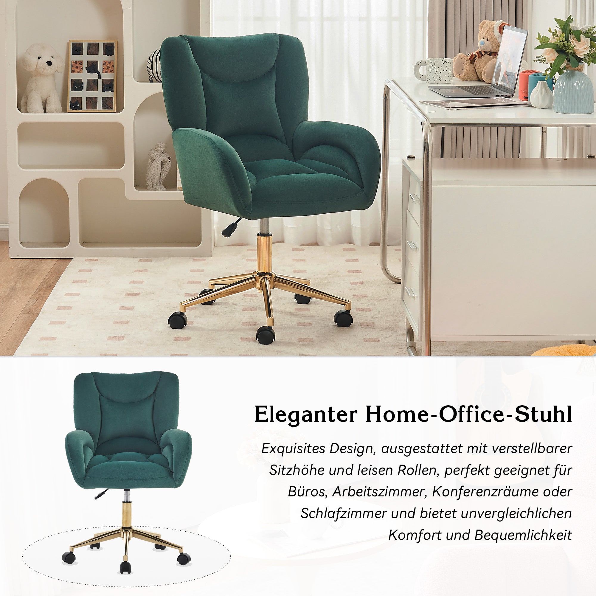 Full KD Swivel Chair, Height-Adjustable Home Office with Gold Legs, Green Velvet Fabric