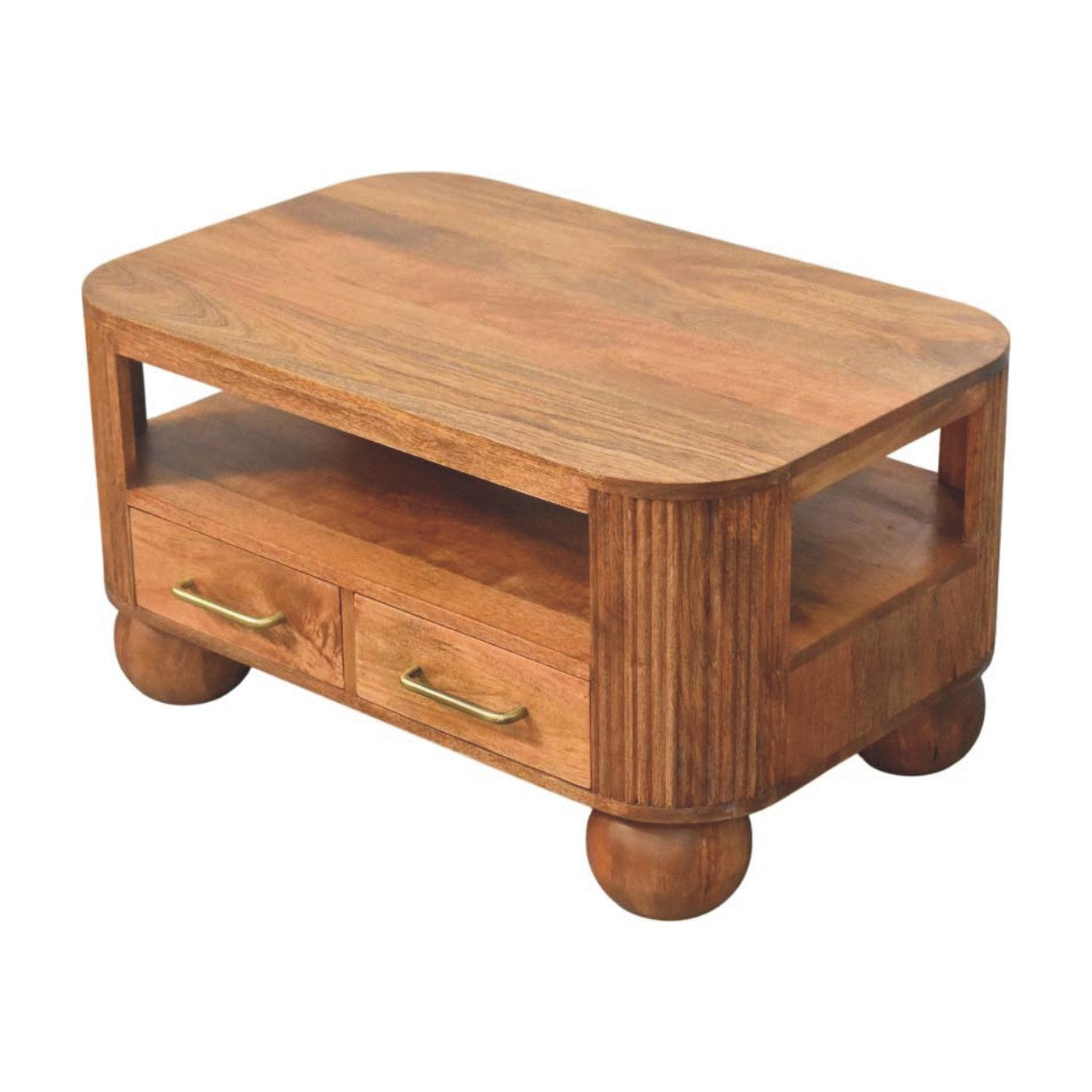 Briarwood Fluted Coffee Table with 2 Drawers, 1 Shelf, Solid Wood Brown