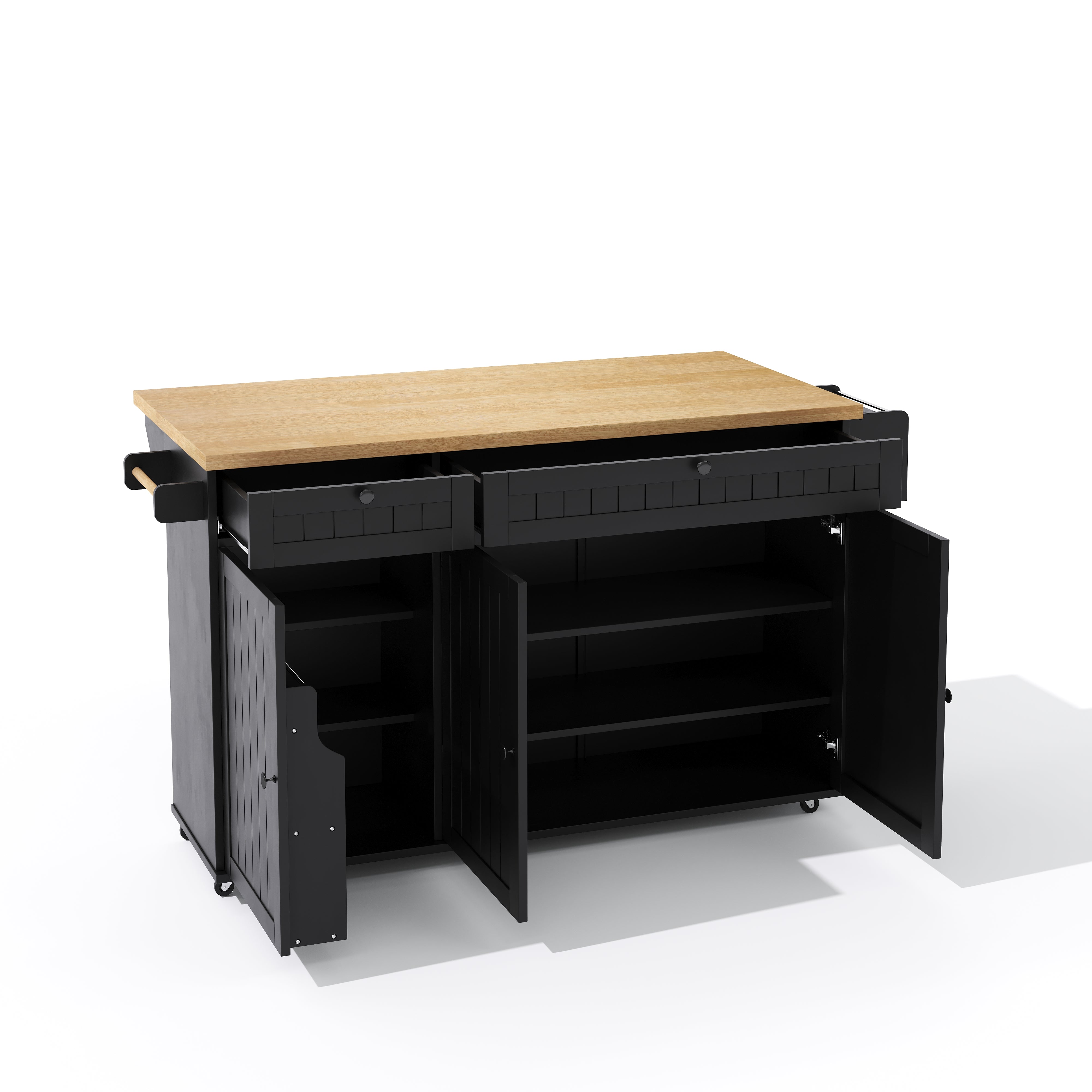 Kitchen Island Cabinet with Fold-Down Worktop, 6 Rolling Casters & Storage Drawers, Black