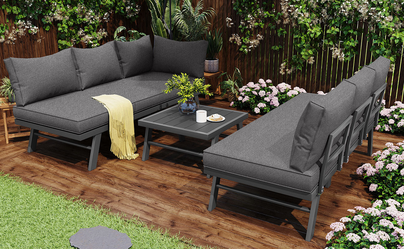 Garden furniture set lounge chair set 5-6 people 2 3-seater sofas 1 table with 7 gray cushions dark gray galvanized iron