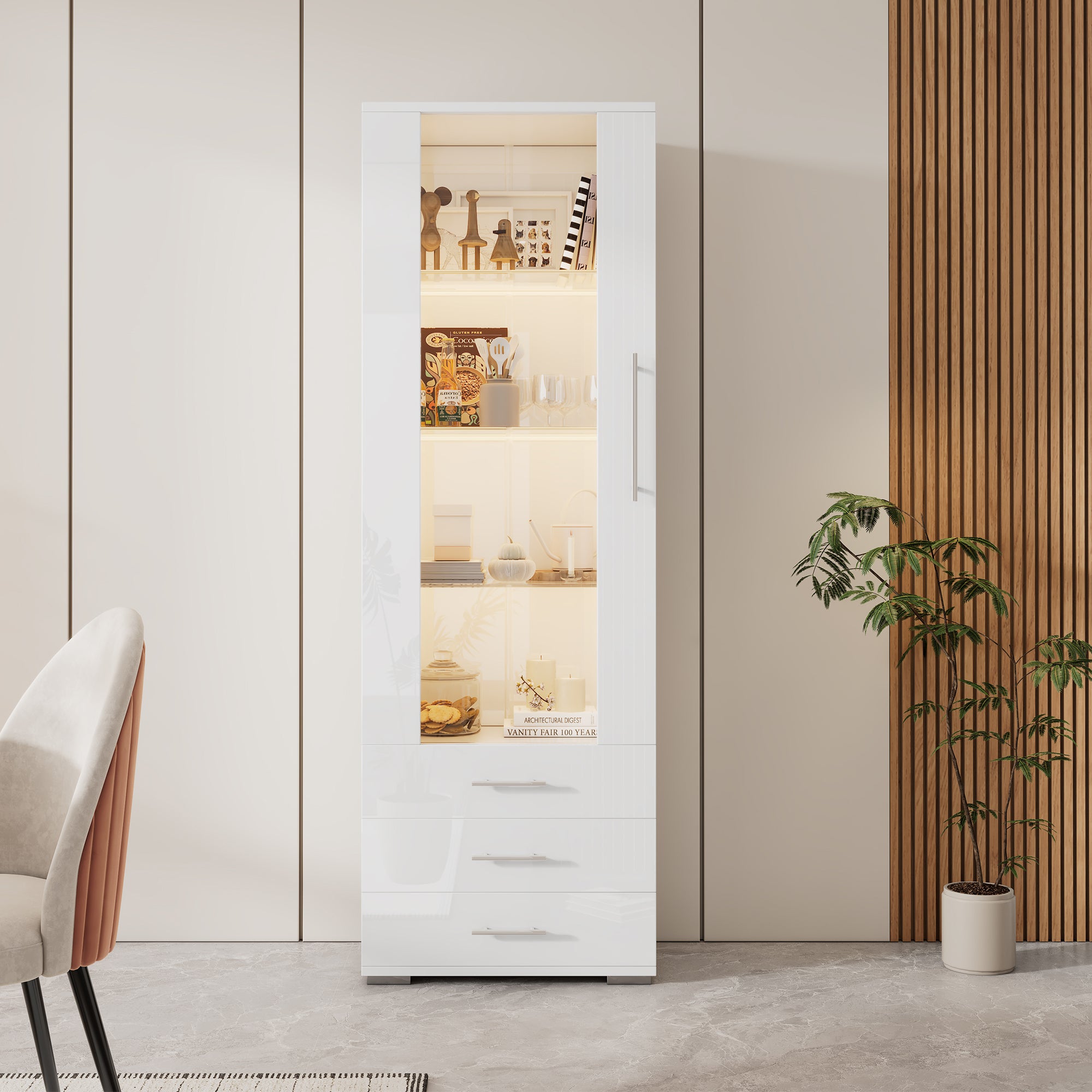 Display Cabinet Freestanding LED Glass 3 Drawers 60x35x180cm, High-Gloss White