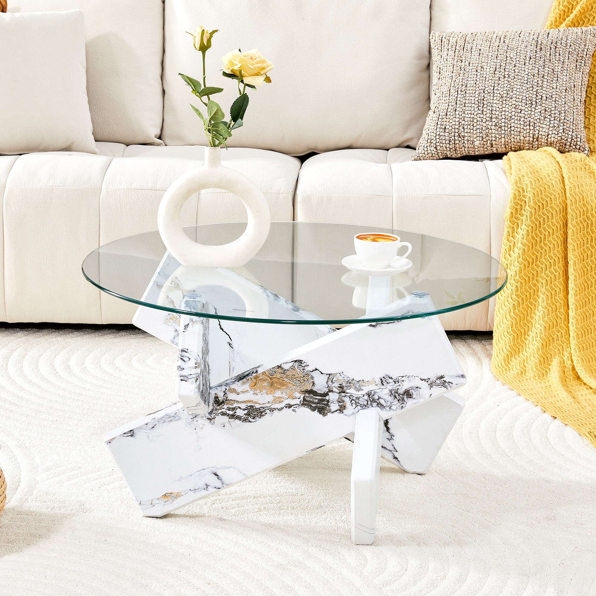 Round Coffee Table Glass Top 79cm Marble Look Legs - Multi-color