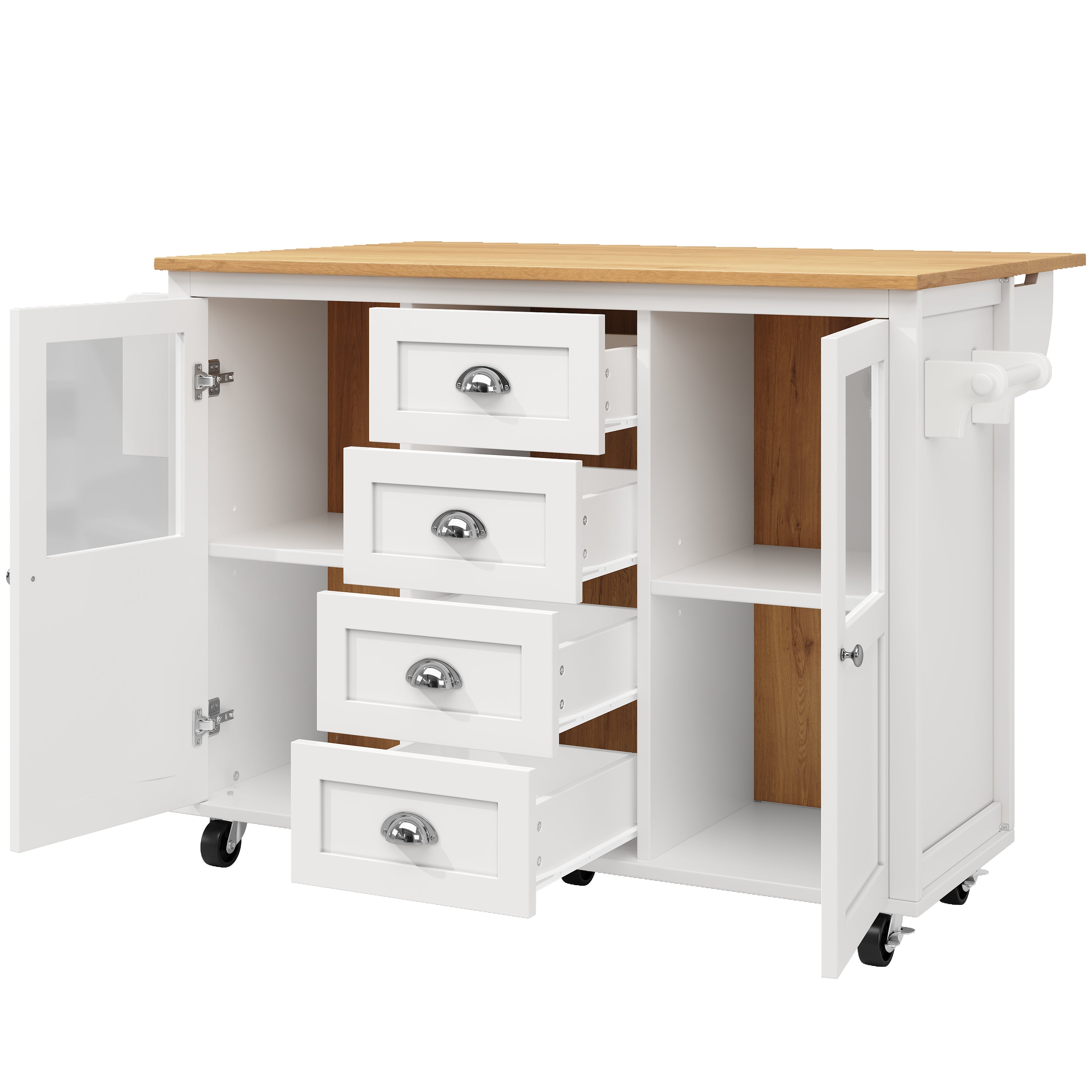 Kitchen Island with Extendable Trolley and Storage Drawers, White/Black