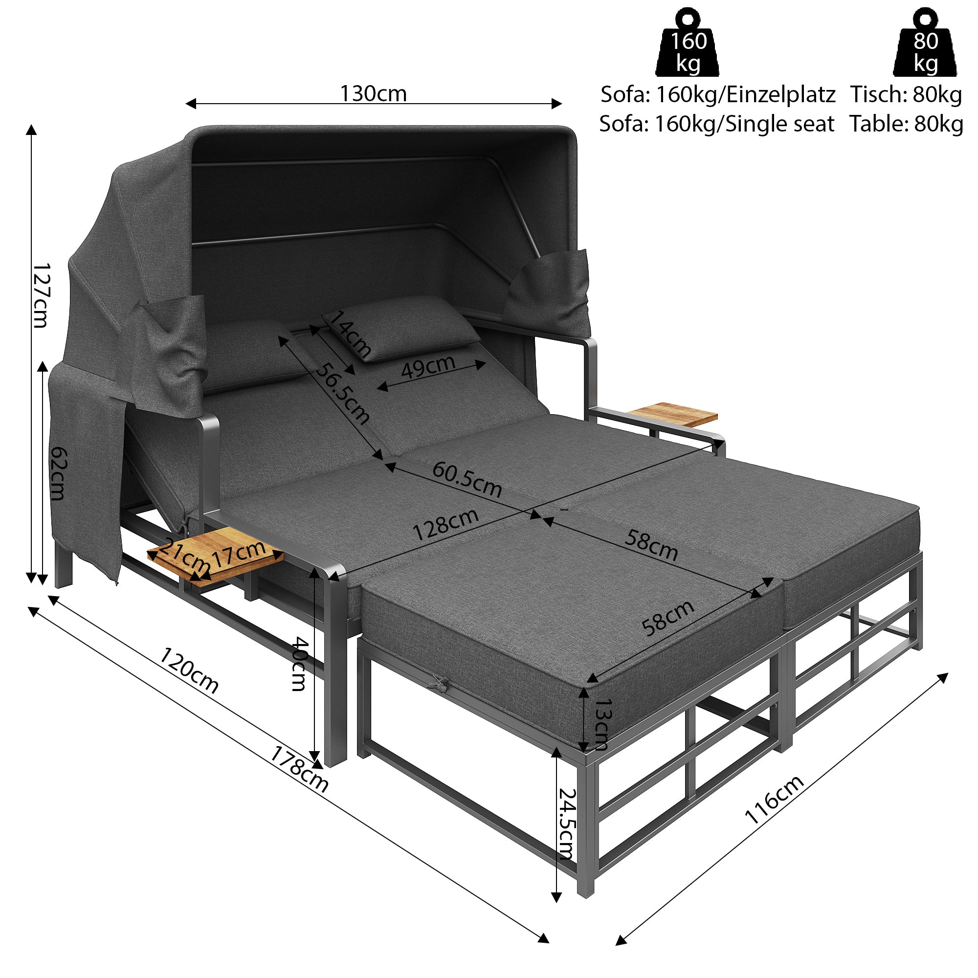 Garden Lounge Set Sun Lounger 2-4 Person with Foldable Sunshade
