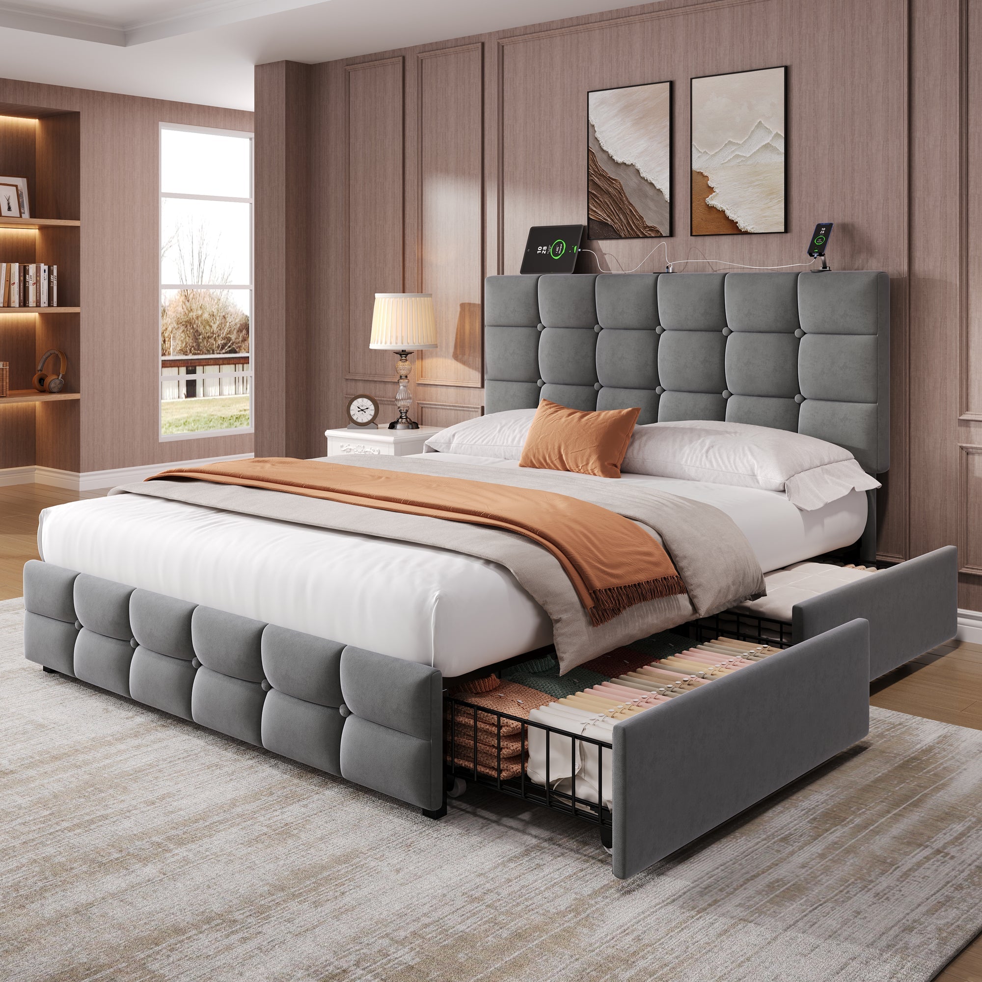 4ft6 Double Upholstered Bed with 4 Storage Drawers, Adjustable Tufted Headboard & Charging Station, Grey Velvet