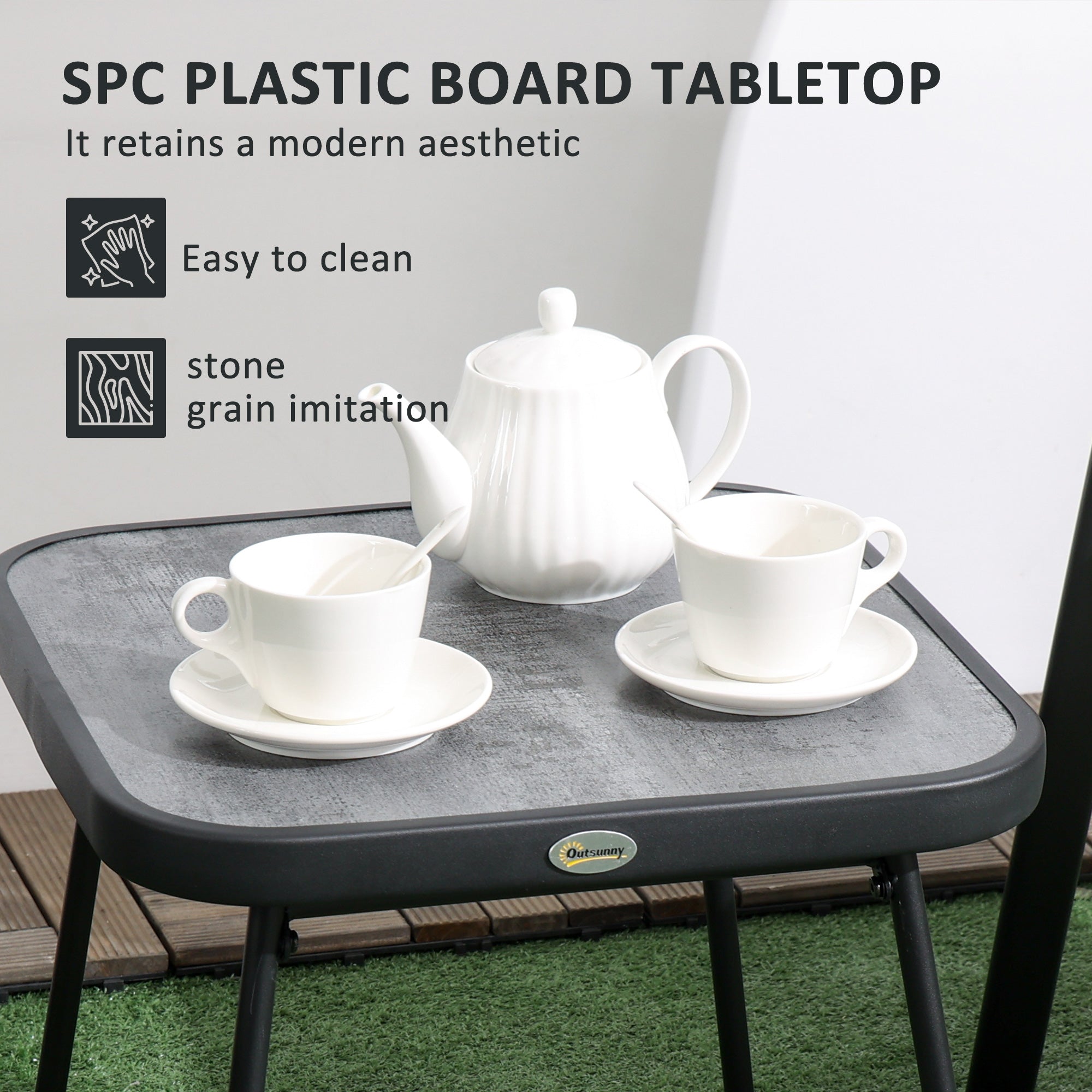 3 Pieces Outdoor Bistro Set, Stackable Armchairs, Mesh Fabric/SPC Table, Brown