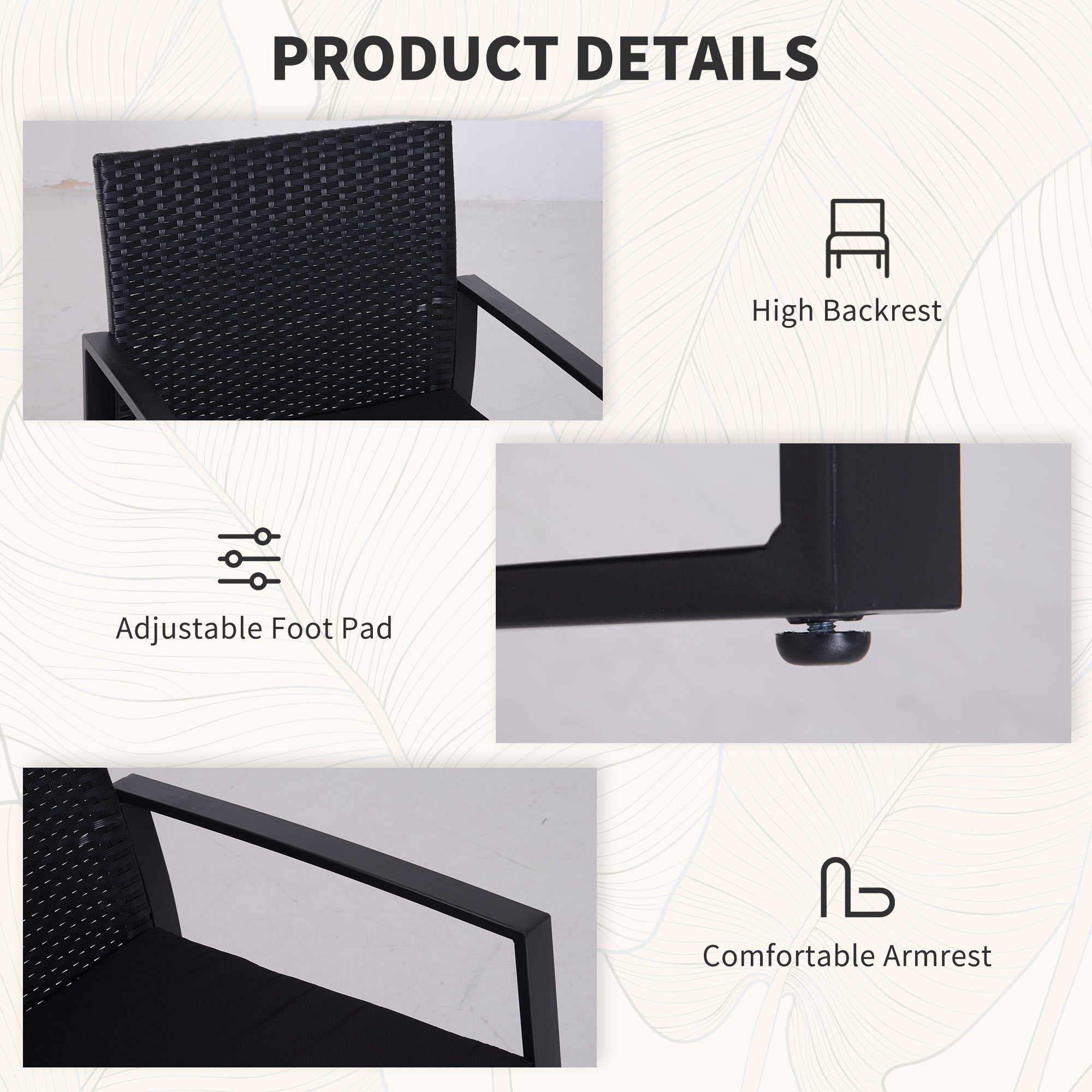 2 Seater Rattan Coffee Set 3 Piece Bistro with Glass Top Black Wicker