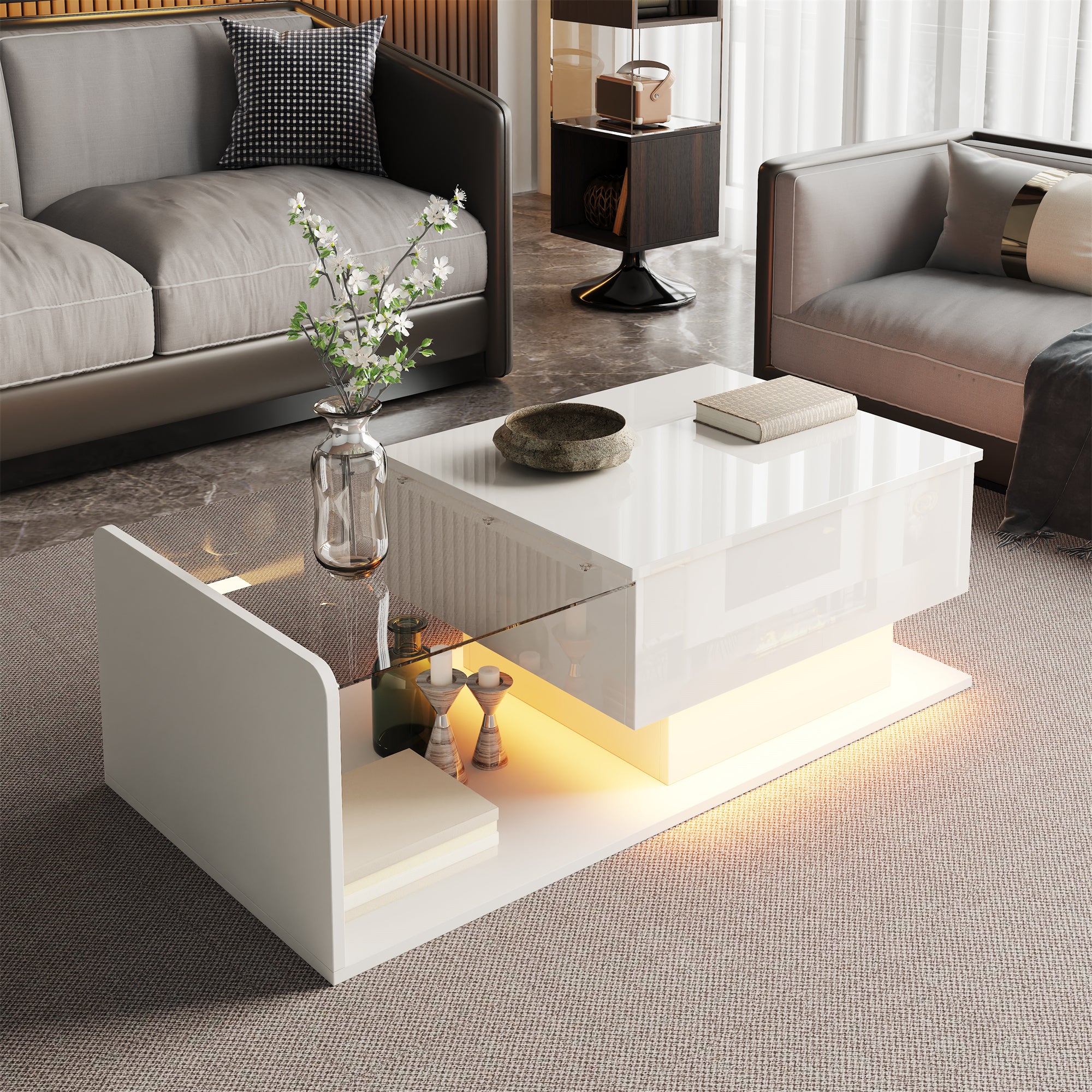 Coffee Table with Glass, LED Effect, and Lift-Top, High-Gloss White