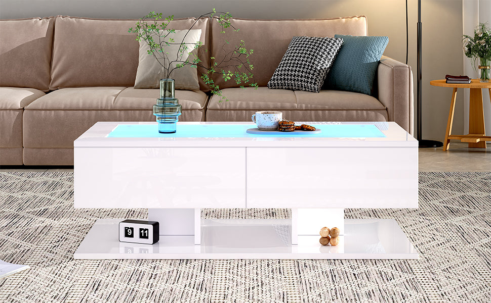 Coffee Table 100x50x35cm, High-Gloss with Drawers, LED Light & Glass Top, White