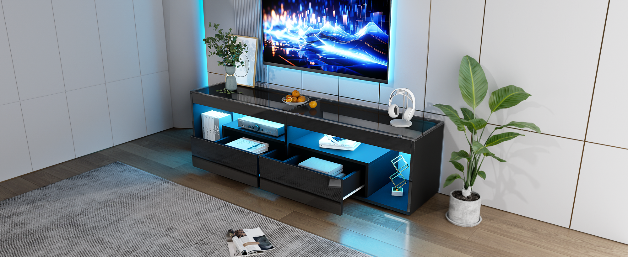 TV Cabinet, LED High-Gloss 70-inch with 2 Drawers, Black