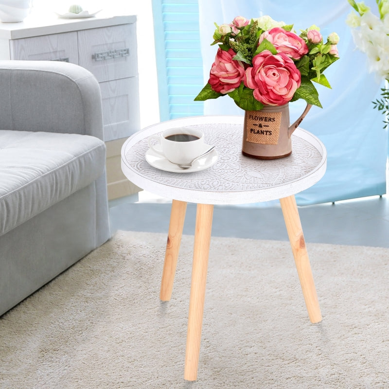 Coffee Table, Carved Floral Round with Tray-style Top and Wood Legs, White